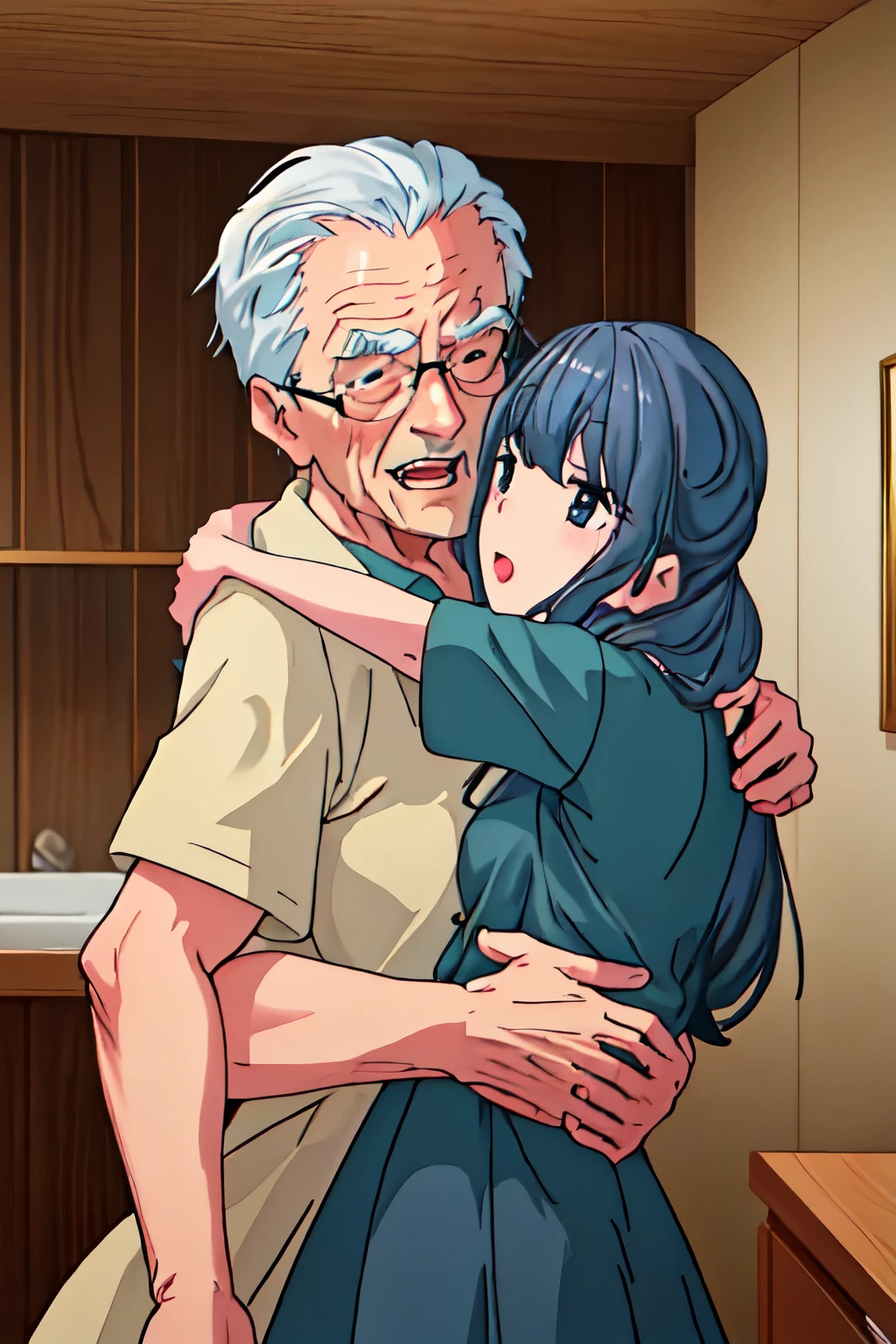 perfect human body, 1 old man, 1 girl、couple、hetero、 software, ((realistic)), (highly detailed background、In front of the door of the Bathroom), ((short girl, 、naked, my shoulders stuck out from my disheveled shirt.)), (((Stand next to the girl、old man putting his hand on girl's shoulder))),   ((woman waving)), ((Sweat,vapor,))), big breasts、((expression of fear)), (blushing face), old man standing next to a girl、vulgar laughing man, Embarrassed, wife cheating, Caught in the act, faceless man