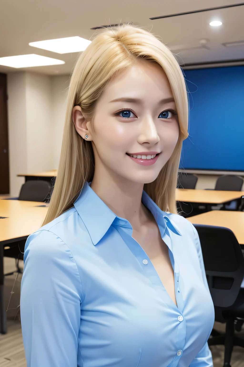 highest quality, Ultra-high resolution, (Realistic:1.4),A light blue shirt with the  open、Japanese、Gal、Blonde、blue eyes、cute、smile、Conference room in the background