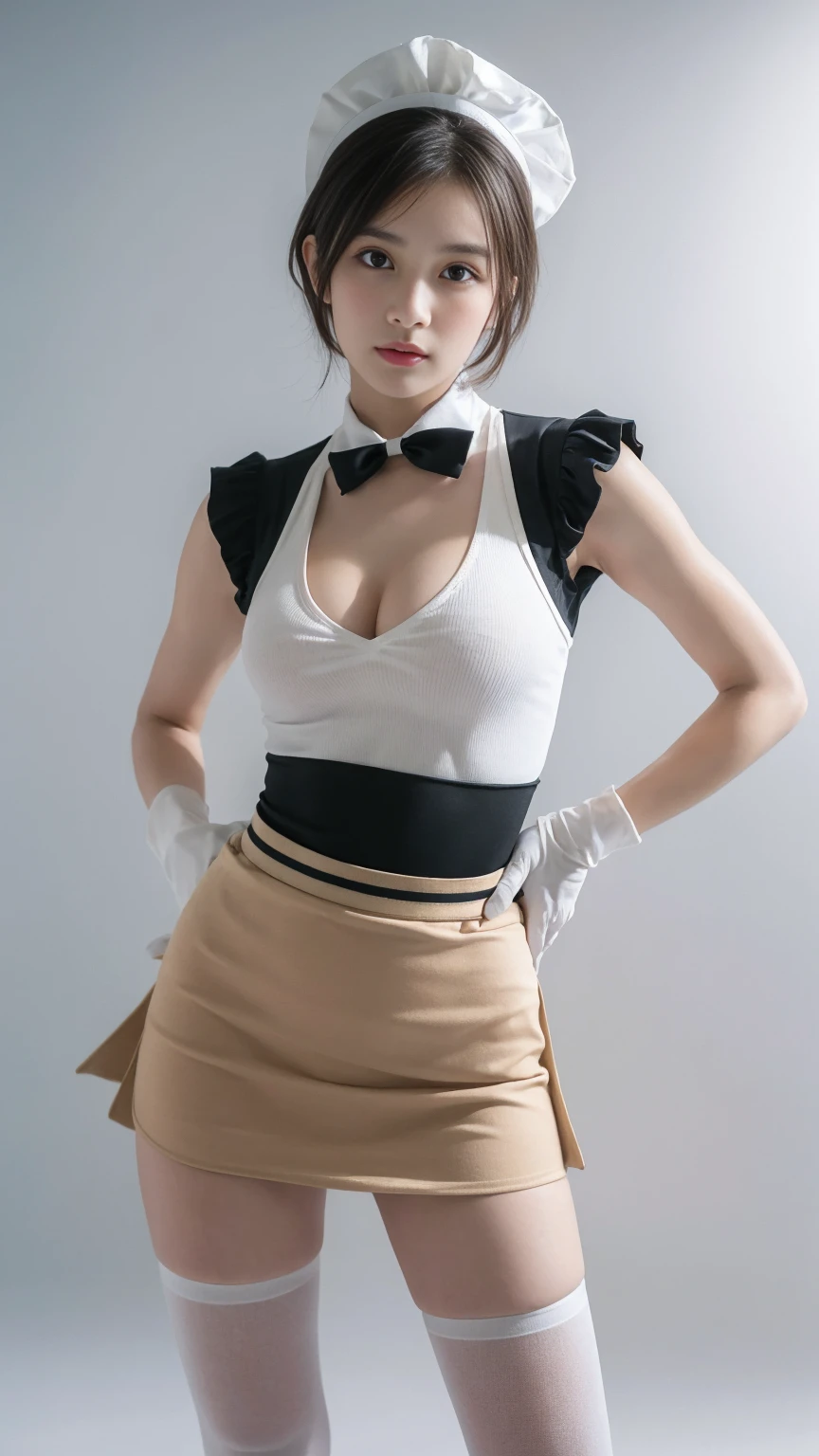 (Emo art:1.6),(8k, RAW photo, best quality, masterpiece:1.3),(photorealistic:1.25), HDR, UHD, dynamic,(colorful:1.35) , blooming light effect,(blurry backround),
BREAK
1 girl, solo, cleavage ,Young and beautiful girl， perfect body figure， perfect body figure， full pov， Perfect body， （Starting below：1.3）， lewd poses， long sexy legs， self-assured， Beautiful Sexy，(extremely beautiful lady hands on hips:1.3), (Dynamic movement), show legs ,busty ,nipples ,intricate details, athletic and fit body, adorable, vibrant, playful, perfect hands, detailed hands, perfect eyes, detailed eyes,(gyaru:1.2), (tanned skin:1.1), (dynamic posing:1.2),(realistic skin and hair texture, detailed beautiful & luster & grossly),(short straight amber hair:1.3),(streaked hair),Long narrow eyes, nasally face ,A nicely protruding chin,(High nose),((Long bangs:1.3)),enchanting, adorned, charming,captivating, alluring, stylish, bedazzled,(fit body:1.2),(Camel toes:1.4), S-shaped body， Upturned buttocks，posing on a，Pose，Different Perspectives,
BREAK
(white and black theme:1.4), (fusion of (sleeveless white high neck and collared [crop top]) and (black puff sleeves):1.4), (white tops and black short sleeves:1.2), (wearing a white half apron over a black skirt:1.4), (waist cincher:1.3), (white half apron), ((white maid head-band with ruffles on head, white brim on head):1.3), (white thigh high stockings:1.4), ((white arm warmers, white long glove):1.3), (black heeled pumps:1.2),
BREAK (light-blue theme:1.2), (light-blue lines on skirt:1.3), (light-blue ribbon bow:1.3),BREAK (windy:1.4),(white background:1.4),