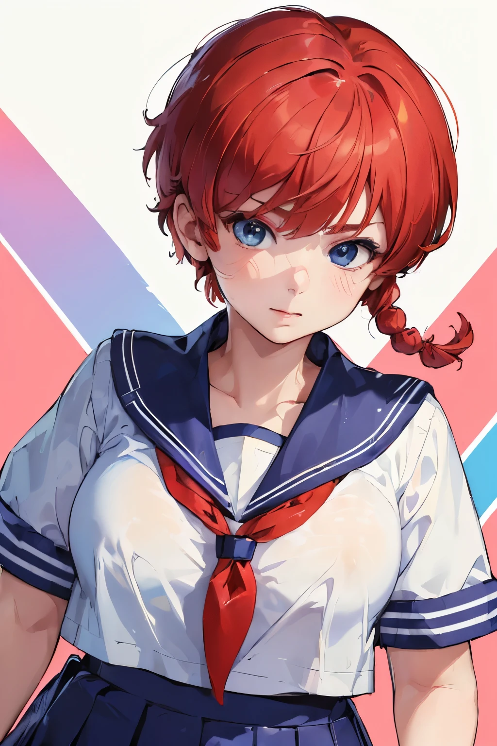 ((masterpiece:1.4)), high quality, very_high_resolution, large_filesize, full color, heavy outline, clear outline, colorful, (beautiful detailed eyes), ((beautiful face:1.0)), ((boyish face:1.4)), 1 girl, (femaleranma), (red hair), short hair, (braided ponytail), ((bangs)), bumpy bangs, blue-gray eyes, big breasts, curvy, femaleranma, braided ponytail, ((sailor uniform , serafuku, summer type:1.4)), standing, upper body, ((from front:1.4)), ((portrait:1.8)), ((face focus:1.4)),