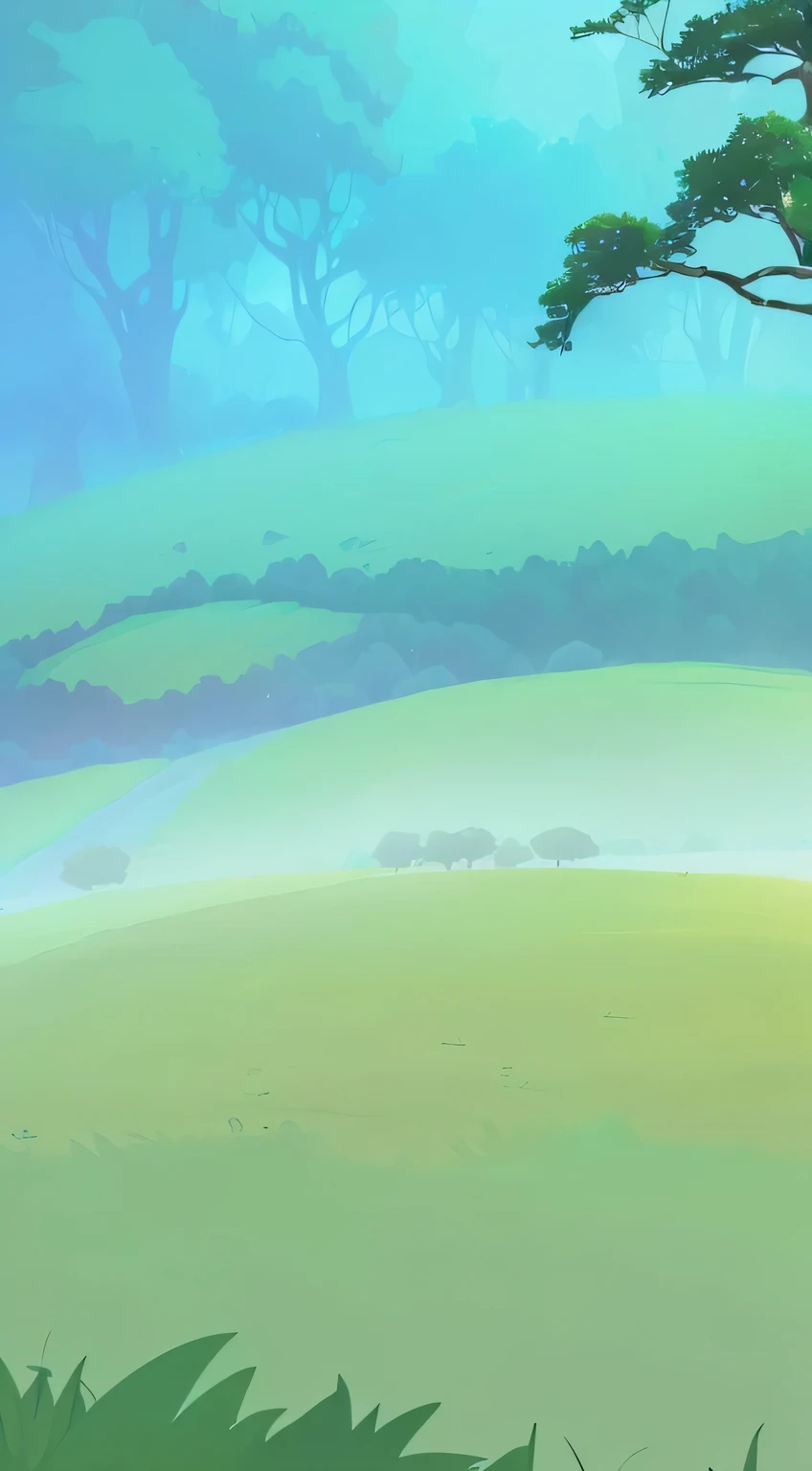 there is a cartoon picture of a tree in the middle of a field, background art, mobile game background, game background, background artwork, breezy background, soft forest background, the background is misty, savana background, elf forest background, 2d game background, magical battlefield background, forestpunk background, misty background, videogame background, background image, random background scene