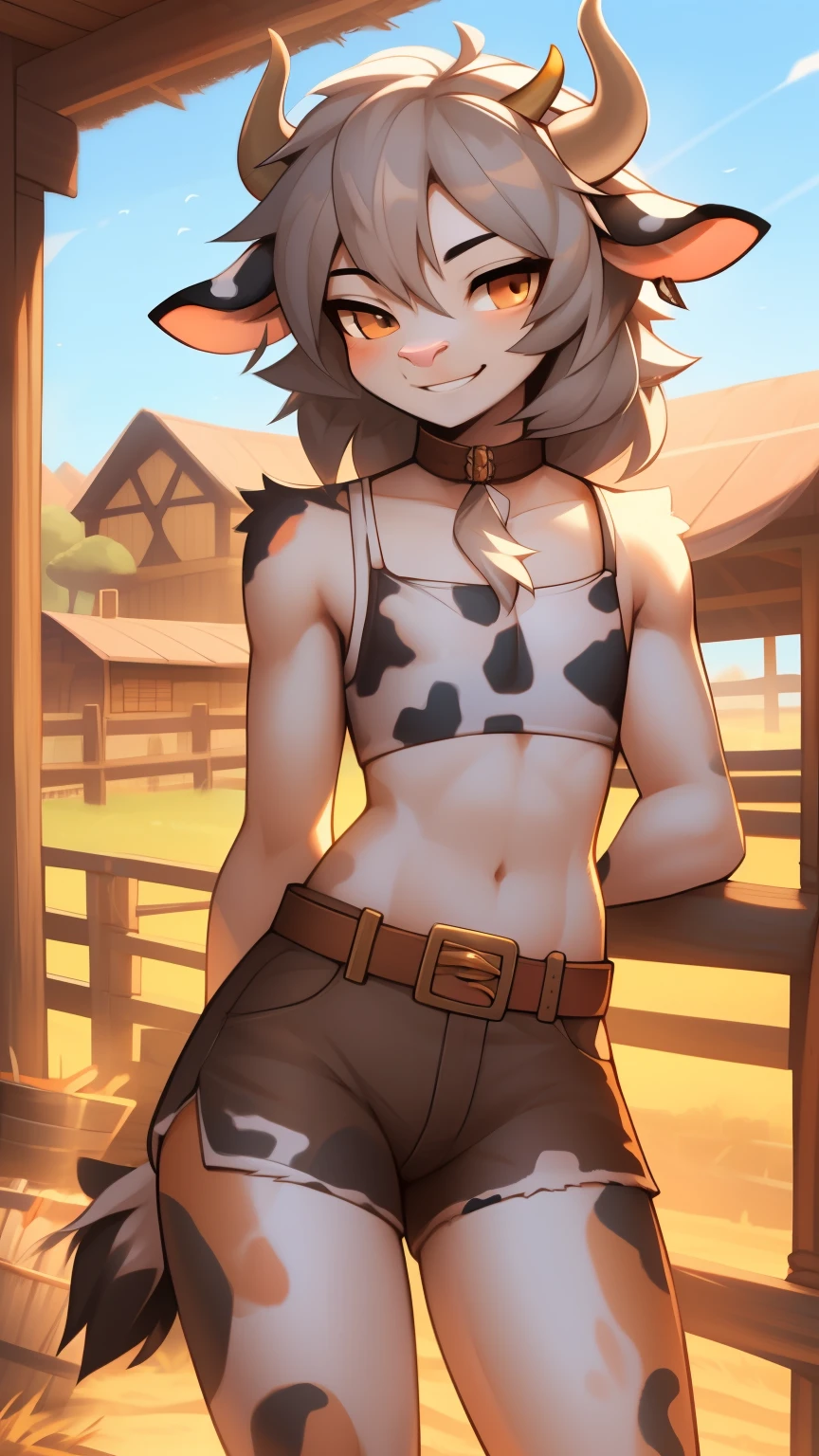 Best quality, super detailed illustration, warm colors, Ideal lighting, (Fluffy cow boy:1.4), white fur with black spots ,feminine face and body, disheveled thick gray hair, short shorts, Cowboy clothes, with a ranch in the background, smug smile, half-closed eyes , Femboy, slim, perfect body, DND style