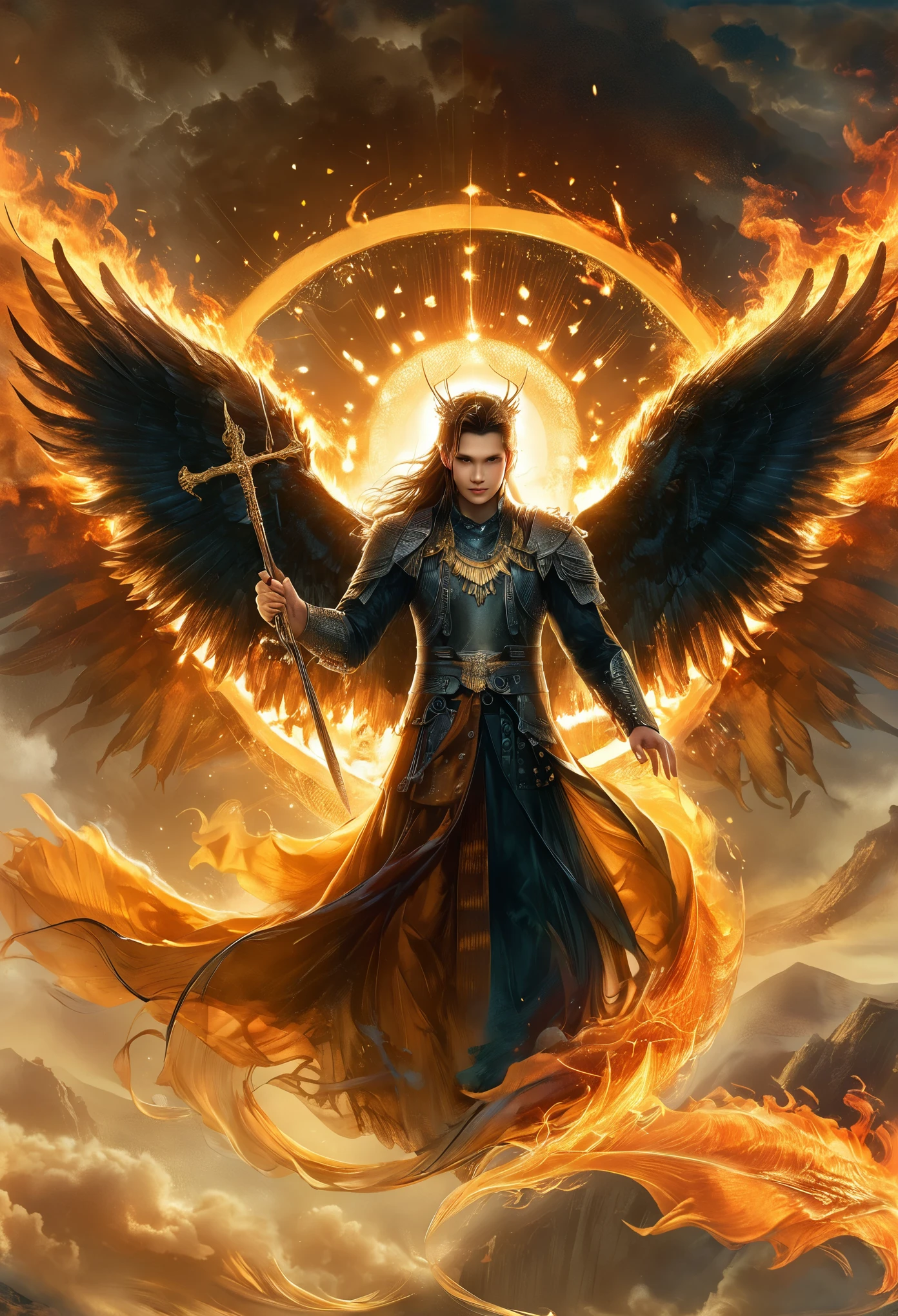 (8k, best quality, Meisterwerk:), Luzifer Morningstar, ein maskuliner britischer Engel mit dunklem Haar, mischievous smile, flaming wings, Teufel, fallen angel, Flammen im Hintergrund, Einzelheiten, schwarzer Anzug, Vereinsthema, 1:1 Ratio, auf einem Thron sitzend, Whisky trinkend, Einzelheiten, realistisch,xianxia