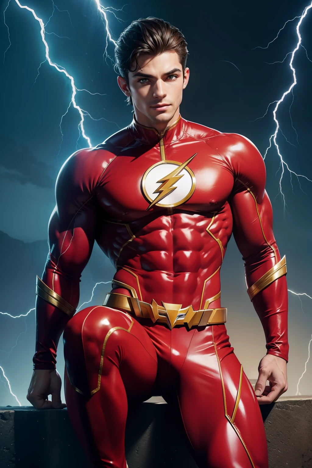 Personagem da DC Comics "O Flash" transformada em mulher :

Flash Feminino, DC Comics, obra de arte, melhor qualidade, hiperrealista, cabelo loiro, barriga definida, 16k hdr, fotorrealista, Cinematic, Capuz vermelho com raios dourados, build lean muscle, rabo de cavalo loiro longo, Detailed eyes with electric blue irises that flash like lightning, Sitting in a dynamic pose with one leg crossed over the other, hands on hips, smiling with confidence, Revealing a hint of his toned abs and the iconic red and yellow lightning bolt symbol on his thigh, Cativante e cheio de energia, CG unificado