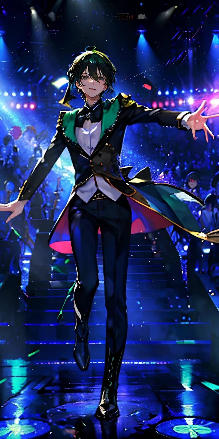 (Mastepiece), (Best Quality), Very detailed, ((1 boy)), Perfect Face, Beautiful Face, Very detailedな顔,((Emerald Hair_short hair_Emerald eyes:1.3)),Full body photography、Male solo idol、Gorgeous idol costumes、Cape、boots、(pants:1.2)、(Hold the microphone)、stage、Concert Dome、Lots of confetti、(smile:1.4)、(Open your mouth wide)、sing、dance、Wink、Laser light、Spotlight