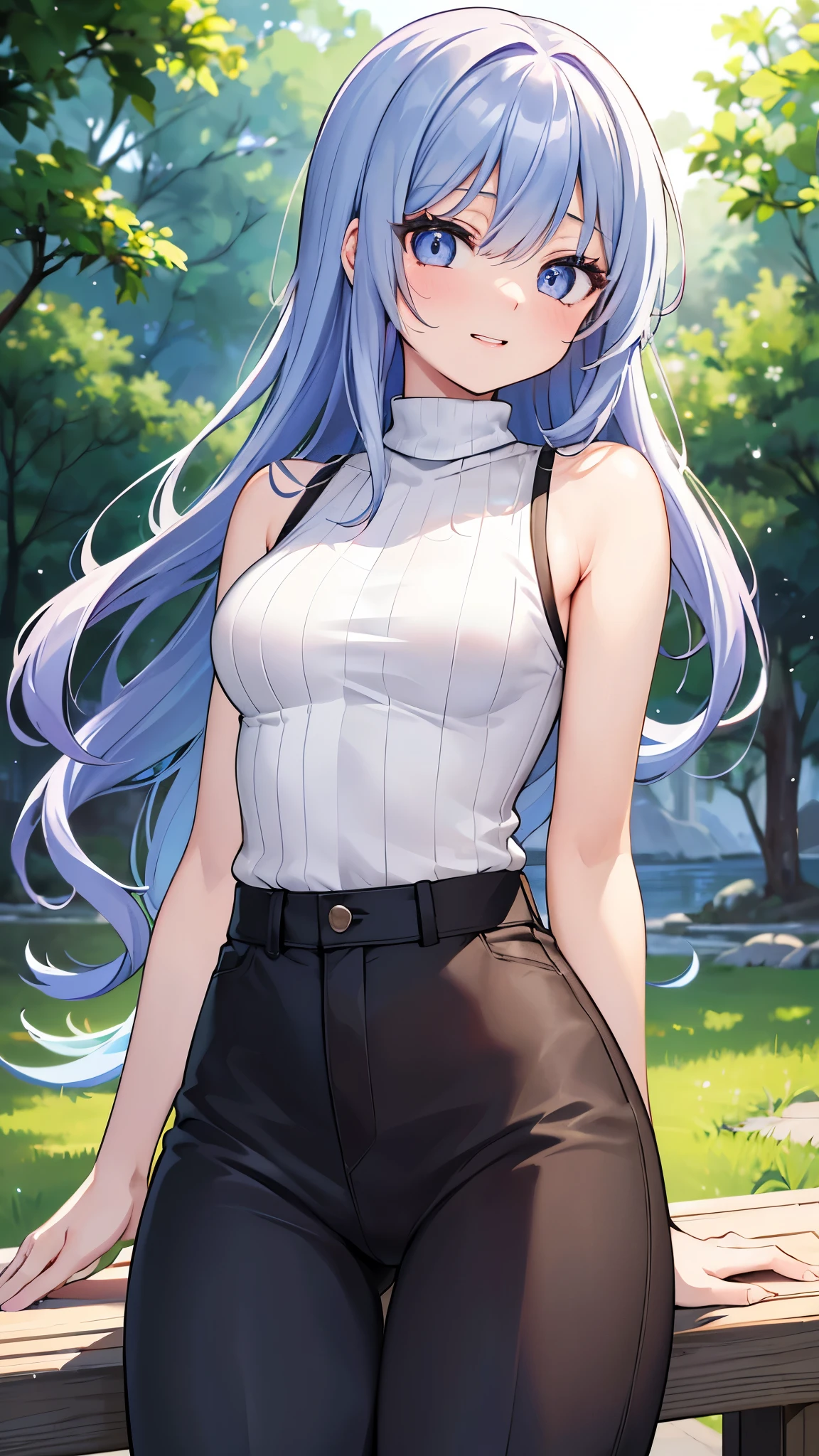 (highest quality, 8k, 4K, High resolution, masterpiece:1.2), Very detailed, Beautiful illustrations, 鮮やかなcolor, Lens flare, Natural light, one person, woman, Beautiful facial details, Beautiful Eyes, Long eyelashes, Soft lips, (Small face), (紫colorの髪:1.6, Long Hair, 茶colorい目), Perfect Face, Shiny skin, (Beautiful breasts), Laughing with your mouth open:1.2, (Turtleneck knit:1.2, Sleeveless, Pants Style), (Shift your gaze, color々I'I'm interested in something, Light step), Busy Street, Walking, Light and shadow with attention to detail, Background blur.