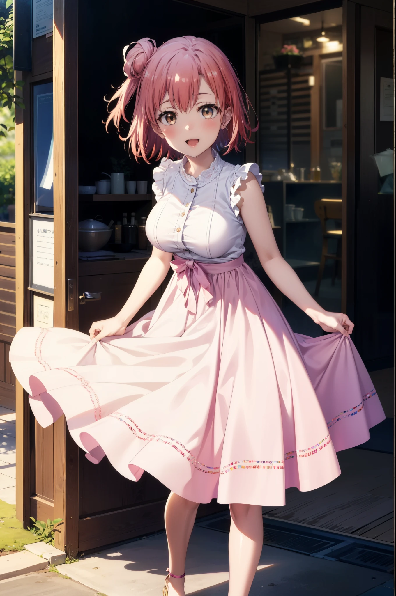 yuiyuigahama, yui yuigahama, short hair, (Brown eyes:1.5), (Pink Hair:1.2), Hair Bun, single Hair Bun, smile, (Big Breasts:1.2),happy smile, smile, Open your mouth,
, Sleeveless pink dress,Pink long skirt,Cute Sandals,walking,Real Summer,Daytime,sunny,whole bodyがイラストの中に入っていくように,
break outdoors ,School　School building,　　　　　　　　　　　　　　　break looking at viewer, whole body,
break (masterpiece:1.2), highest quality, High resolution, unity 8k wallpaper, (shape:0.8), (Beautiful and beautiful eyes:1.6), Highly detailed face, Perfect lighting, Highly detailed CG, (Perfect hands, Perfect Anatomy),