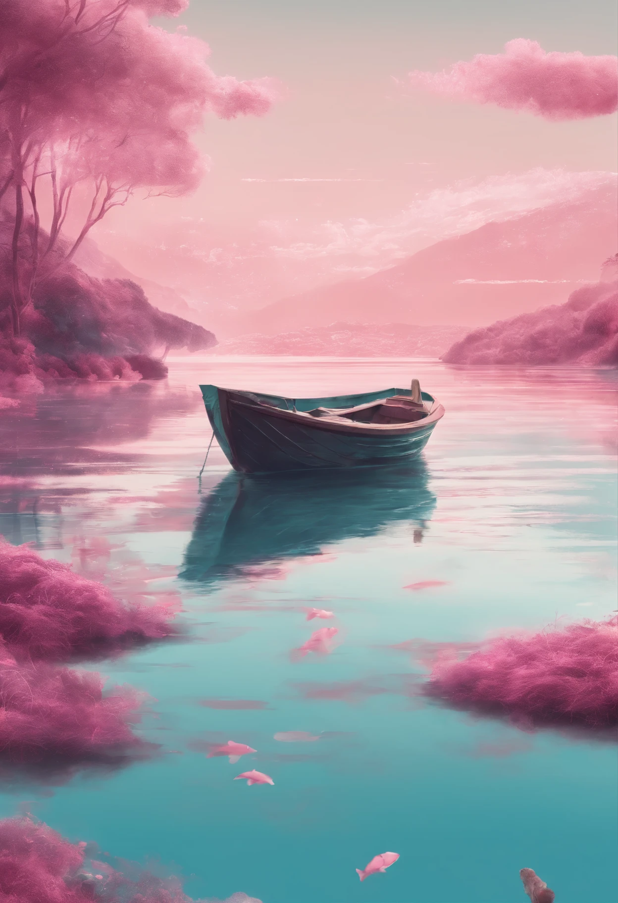 a sea side photo with a boat, fish in the water, a woman in a boat, in the style of light cyan and pink, mesmerizing optical illusions, niko henrichon, careful framing, layered imagery with subtle iron
