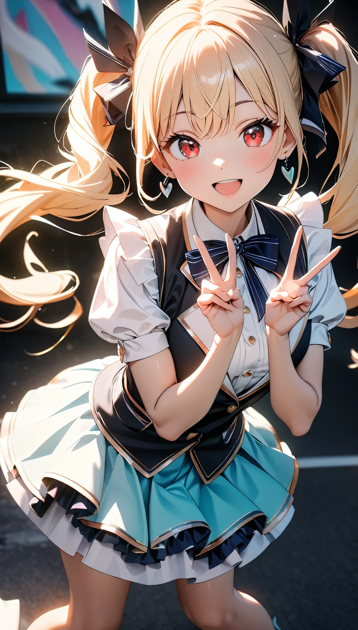 (8k, RAW Photos, 最high quality, masterpiece:1.2), High-quality RAW color photos, Professional photo shoot, Cinematic Light, alone, (((1 girl))), Blonde, Long Hair, Twin tails, Red eyes, jewelry, Earrings, Idol Costumes, Cute frills, pastel colour, Beautiful thighs, flare skirt, (smile:1.5), ((Open your mouth:1.2)), ((Random Action Pose:1.2, My heart is bursting)), (tits), Crouch down, ((peace sign, Double Peace, Peace sign with both hands:1.1)), Beautiful Skin, Shiny skin, Perfect Fingers, Five Fingers, Background blur, high quality, Surreal, Bright colors, ((Very detailed, photo shoot)),