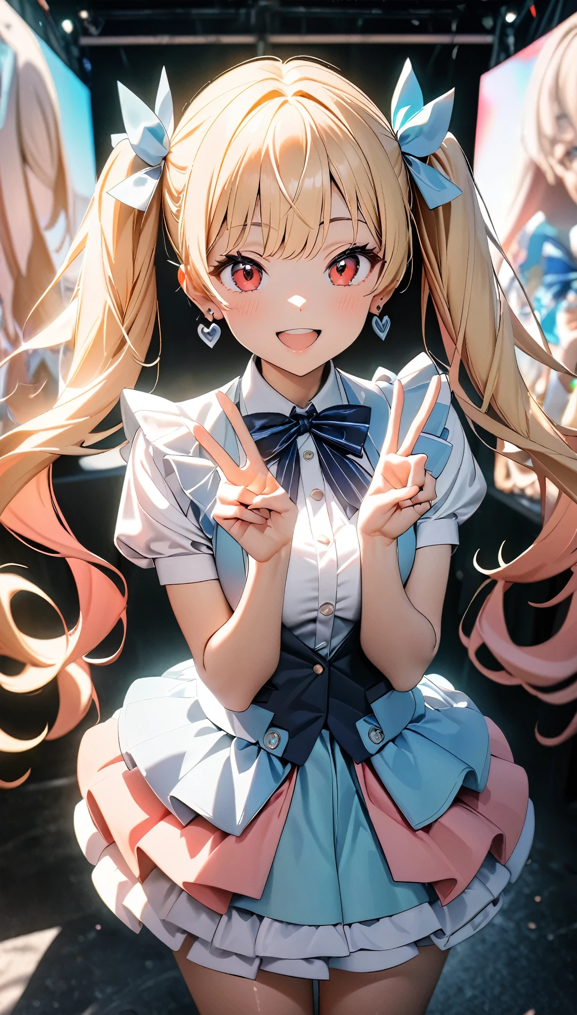 (8k, RAW Photos, 最high quality, masterpiece:1.2), High-quality RAW color photos, Professional photo shoot, Cinematic Light, alone, (((1 girl))), Blonde, Long Hair, Twin tails, Red eyes, jewelry, Earrings, Idol Costumes, Cute frills, pastel colour, Beautiful thighs, flare skirt, (smile:1.5), ((Open your mouth:1.2)), ((Random Action Pose:1.2, My heart is bursting)), (tits), Crouch down, ((peace sign, Double Peace, Peace sign with both hands:1.1)), Beautiful Skin, Shiny skin, Perfect Fingers, Five Fingers, Background blur, high quality, Surreal, Bright colors, ((Very detailed, photo shoot)),