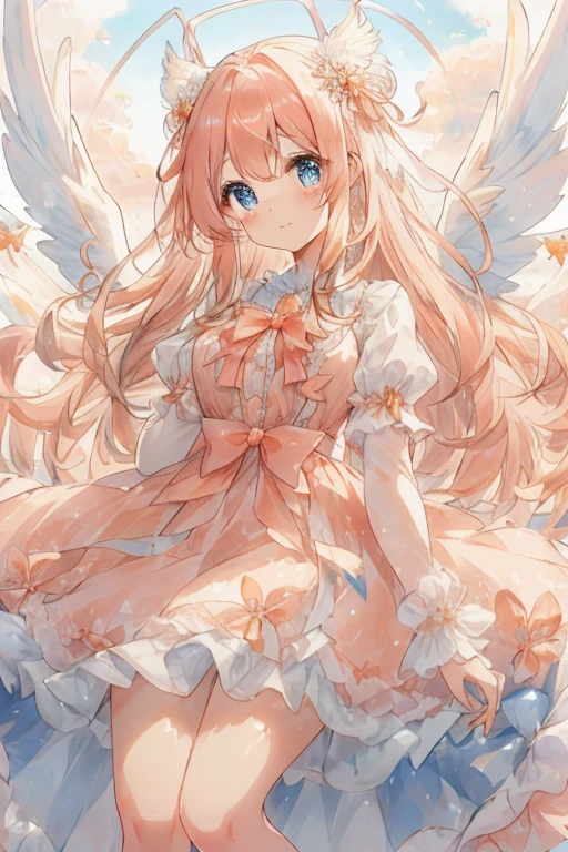 Peach-inspired, sparkling and cute atmosphere. She is a beautiful moe anime style girl with big sparkling blue eyes and a fluffy look. Full Body. She wears a peach-colored dress with fine delicate ruffles, many ribbons and heart-shaped ornaments. She has fantastic, delicate, translucent white wings that give off an aura of magical light that accentuates the fantastic atmosphere. Her long, voluminous, wavy hair is adorned with ribbons, giving her a cute and whimsical look. The background is a dreamy cloudy sky with a faint glow, and the soft peach color enhances her fantastic and gentle atmosphere. (( highest image quality, highest quality ))