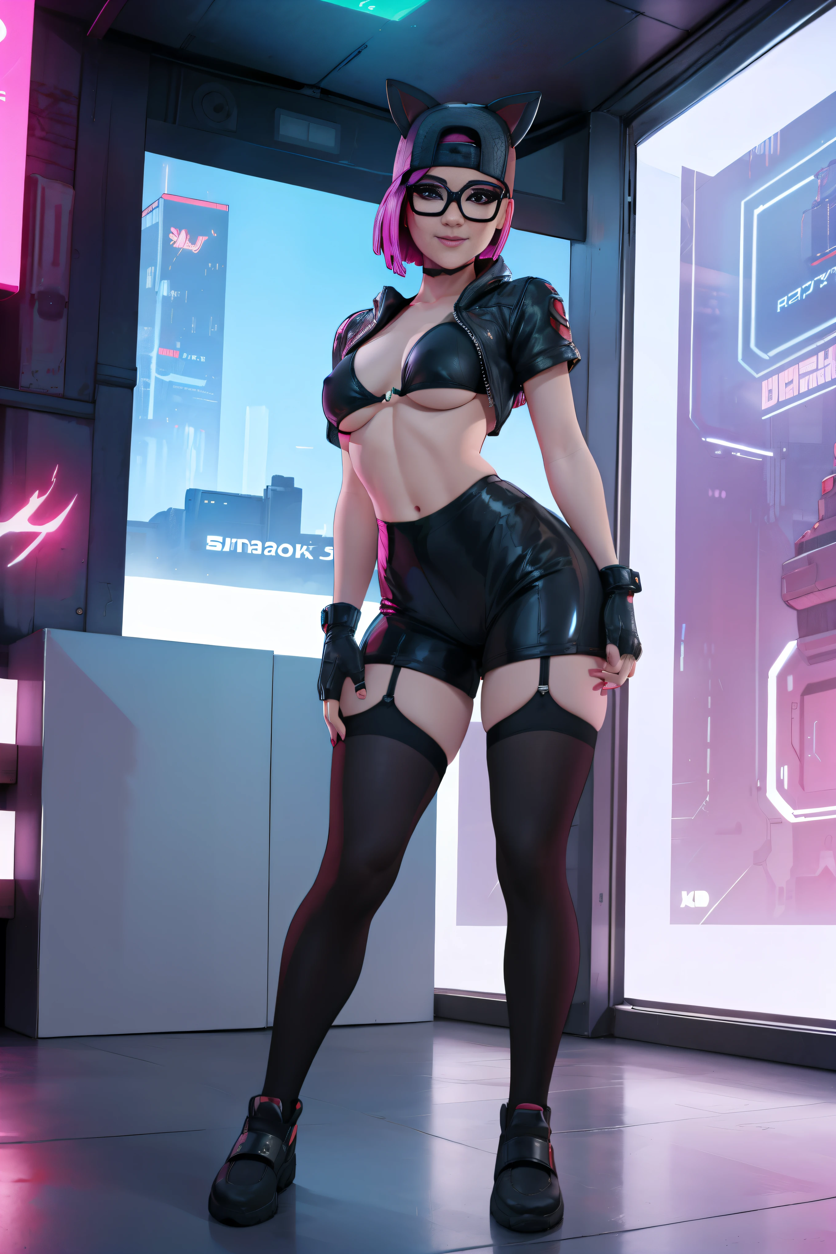 (masterpiece), (best quality), (solo), looking the viewer, cyberpunk, high detailed,extremely detailed,shorts with black stockings,pink bikini, leggings latex fine eyes, smile,dynamic pose, short pink hair,cap,fingerless glove,glasses.