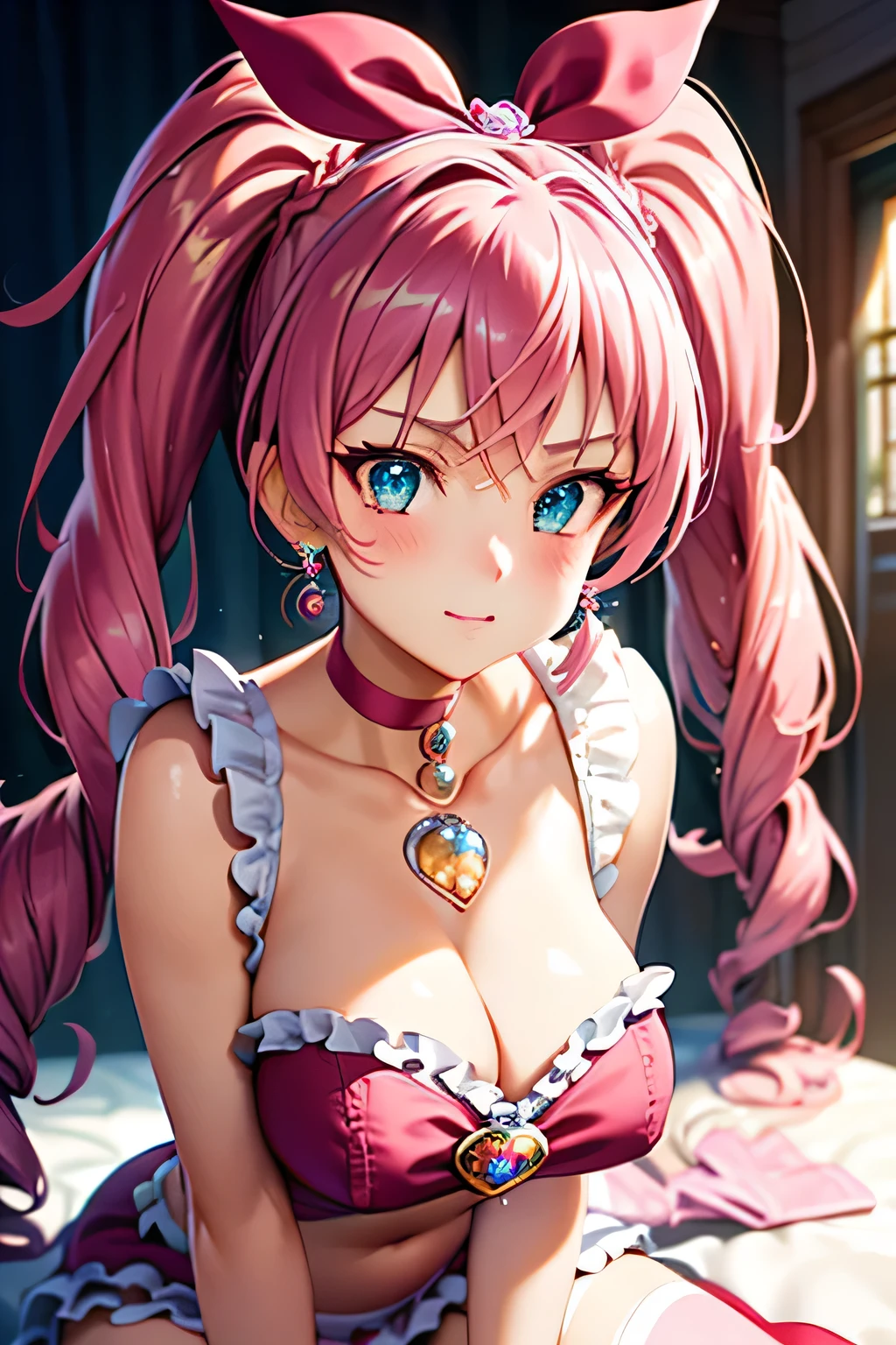 (masterpiece:1.2), best quality, high resolution, unity 8k wallpaper, (illustration:0.8), (beautiful detailed face:1.2, beautiful detailed eyes:1.2), perfect lighting, extremely detailed CG, (perfect hands, perfect anatomy), 

Cute, beautiful, charming lady, shiny hair, lustrous skin, beautiful light big eyes, 
milf, married woman, soft With a gentle appearance and a gentle mother-like atmosphere,
Feminine style, beautiful kubire, beautiful, naughty face,

melody_a, pink hair, long hair, twintails, blue eyes, pink bow, choker, pink choker, jewelry, magical girl, cure melody dress, frills, midriff, skirt, frilled skirt, thighhighs, pink thighhighs, pink shoes, 