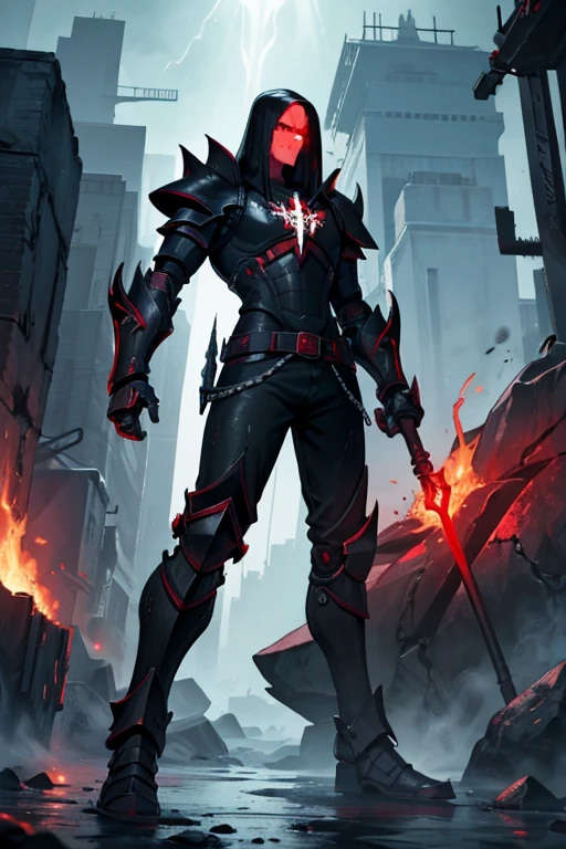 male, robot, fiery red eyes, black metal body, (((1boy))), (((black metal armor))), (dark red torn pants), (grey sash), long legs, holding hammer, in a forge