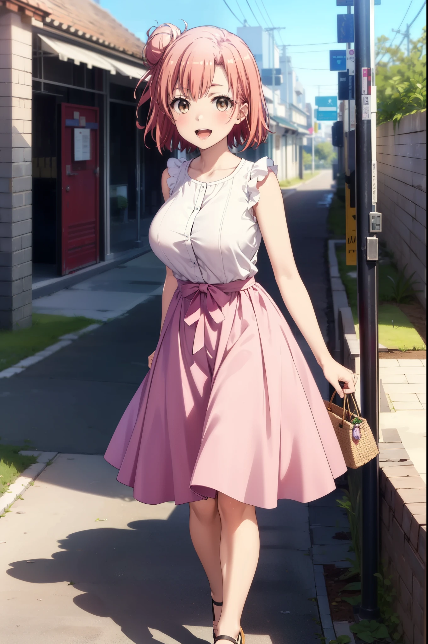 yuiyuigahama, yui yuigahama, short hair, (Brown eyes:1.5), (Pink Hair:1.2), Hair Bun, single Hair Bun, smile, (Big Breasts:1.2),happy smile, smile, Open your mouth,
, Sleeveless pink dress,Pink long skirt,Cute Sandals,walking,Real Summer,Daytime,sunny,whole bodyがイラストの中に入っていくように,
break outdoors ,School　School building,　　　　　　　　　　　　　　　break looking at viewer, whole body,
break (masterpiece:1.2), highest quality, High resolution, unity 8k wallpaper, (shape:0.8), (Beautiful and beautiful eyes:1.6), Highly detailed face, Perfect lighting, Highly detailed CG, (Perfect hands, Perfect Anatomy),