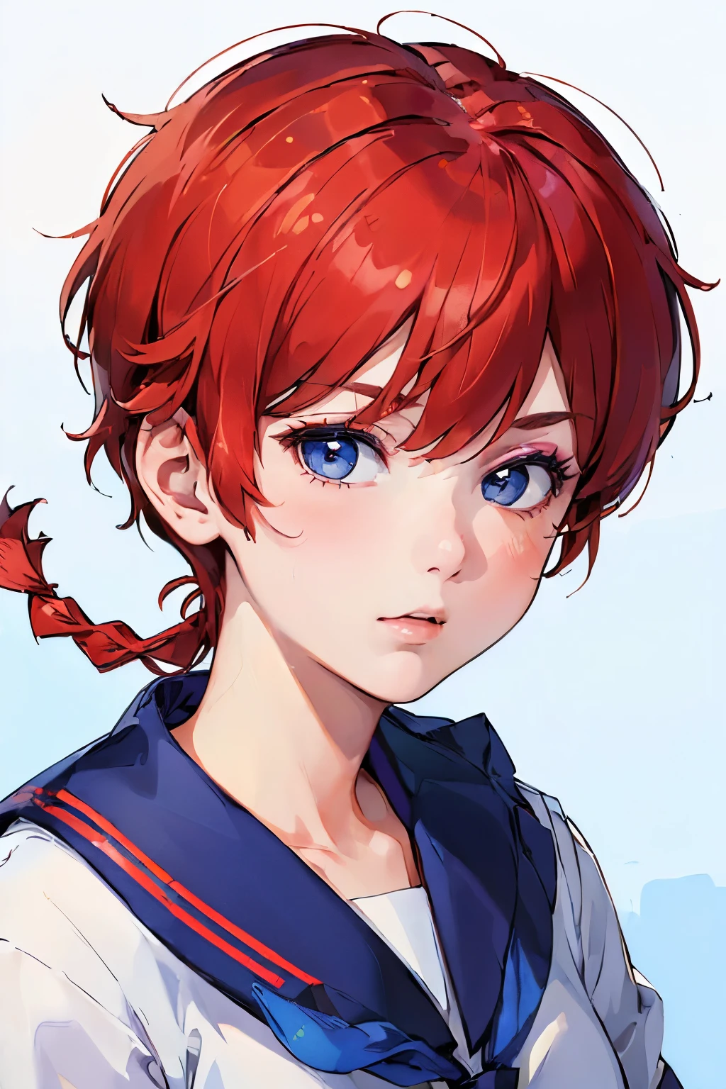 ((masterpiece:1.4)), high quality, very_high_resolution, large_filesize, full color, heavy outline, clear outline, colorful, (beautiful detailed eyes), ((beautiful face:1.0)), ((boyish face:1.4)), 1 girl, (femaleranma), (red hair), short hair, (braided ponytail), ((bangs)), bumpy bangs, blue-gray eyes, big breasts, curvy, femaleranma, braided ponytail, ((sailor uniform , serafuku, summer type:1.4)), standing, upper body, ((from front:1.4)), ((portrait:1.8)), ((face focus:1.4)),