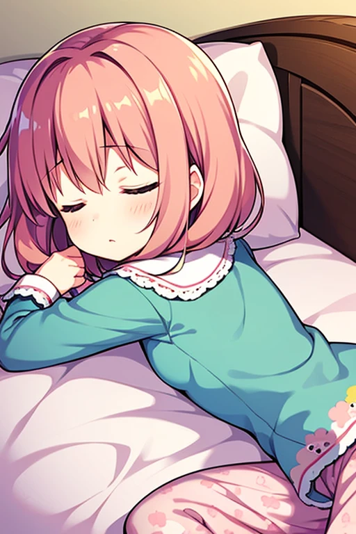 Girl with pink pajamas, lay on the bed,Rina tamaki, sakura pattern bed, sleeping,cute