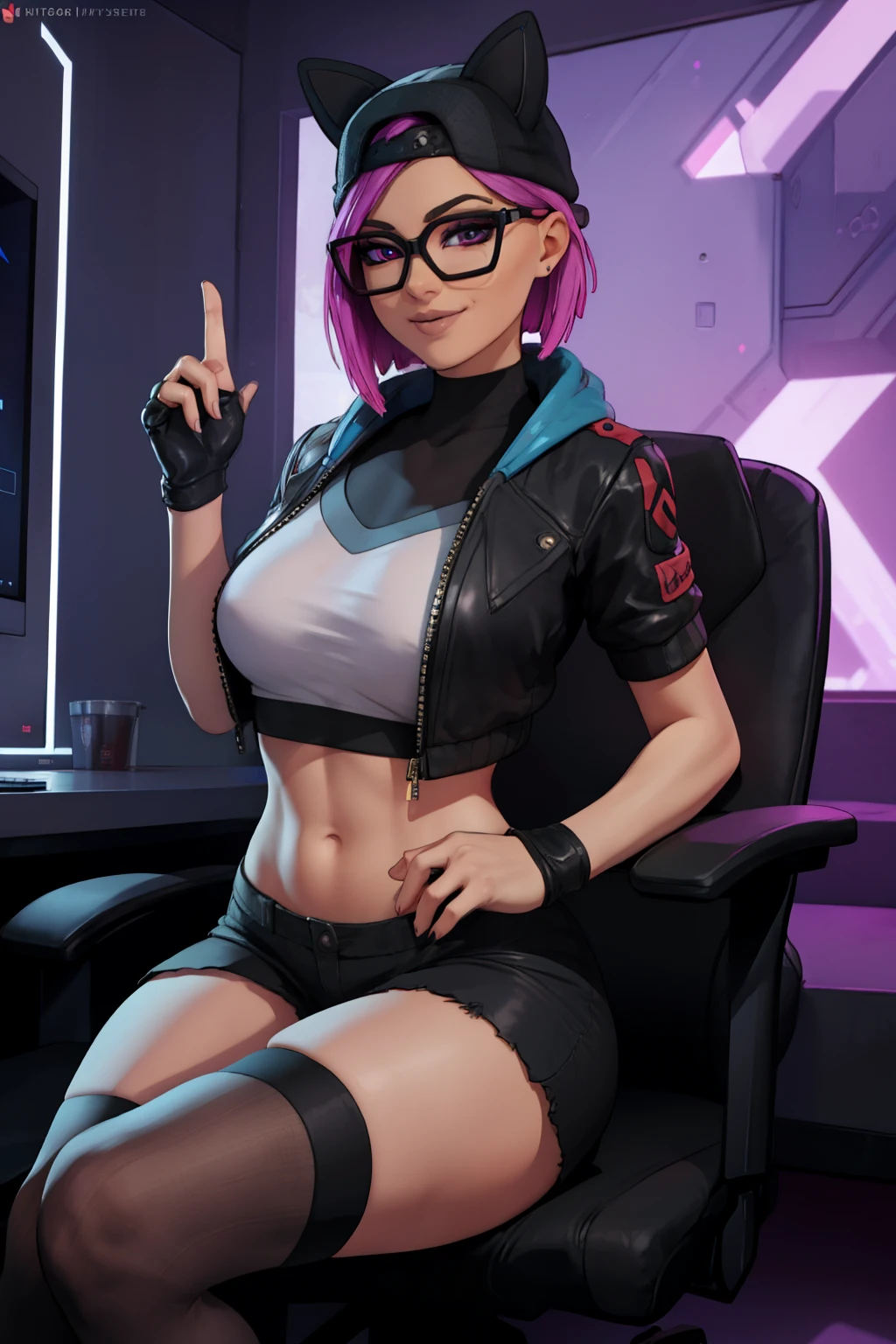 (masterpiece), (best quality),Gamer chair (solo), looking the viewer, cyberpunk, high detailed,extremely detailed,shorts with black stockings, jacket, fine eyes, smile,dynamic pose, short pink hair,cap,fingerless glove,glasses.