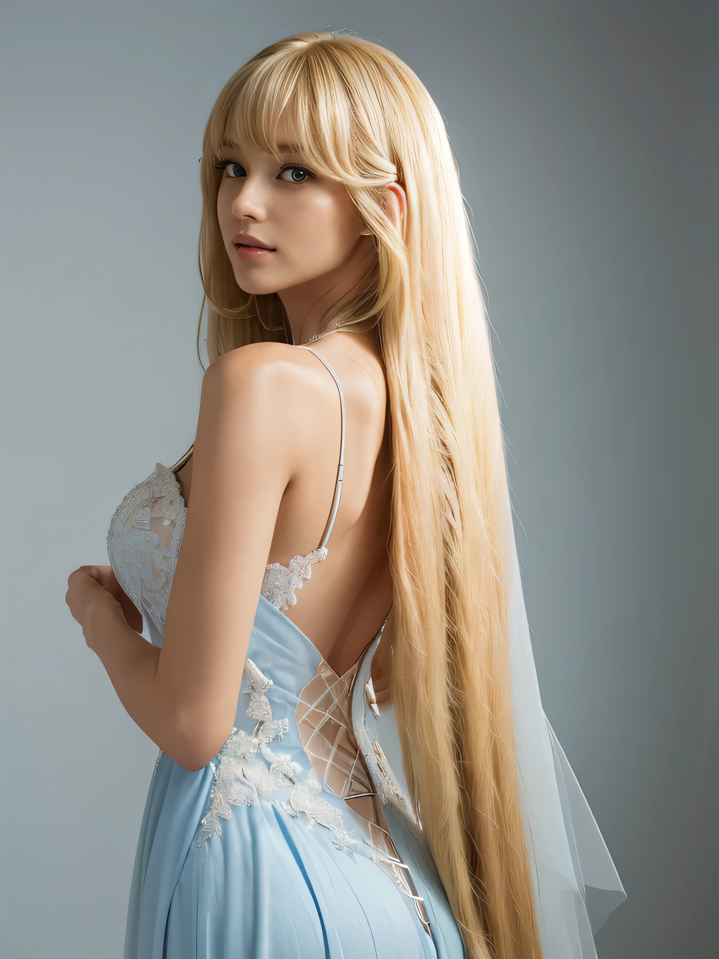 (Pure white wall background:1.8. Upper body photo from the knees up)　((Random poses showing off as much of her dress, back and hair as possible:1.5))　((Her hair is incredibly straight:1.5))　((Beautiful model with long blonde hair, girl with super length Hair, extremely length Hair, extra length Hair, very long, Flowing Hair, very length Hair, length Hair girl, very long, Flowing blonde hair, length Hair windy, very longBlonde Hair, length, Flowing Hair, length and or curly hair, with length Hair, length Hair!!!!　Her highest quality hair is long and 真っ直ぐ or curly hair very long, best quality blonde, length hair in the center, Highest quality long Straight or curly hair, length, Straight or curly hair, beautiful, High quality blonde hair, length and Blonde Hair highest quality Straight or curly hair, length Hair, length and Straight or curly hair, highest quality Blonde Hair, Perfect silky Straight or curly hair of the highest quality, Straight or curly hair, highest quality Blonde Hair, length Blonde Hair　Straight or curly hair, length, Light blonde hair　Her hair is long and Straight or curly hair, very longBlonde Hair, length hair in the center, length Straight or curly hair, length, Straight or curly hair, beautiful hair of the highest quality, length Hair, length, Straight or curly hair　Blonde Hair , length and free Straight or curly hair Blonde Hair, Straight or curly hair Blonde Hair))　(Her bangs are perfect.:1.3)　(France&#39;s most beautiful 24-year-old hair model)　　((highest quality)), ((masterpiece)), (Familiar)　(Get used to it)　Perfect Face　(Her skin is a typical French complexion...、And very detailed)　　(Big Breasts)　(She is wearing a gorgeous light blue wedding dress:1.5)　(She has a beautiful French face and a typical French figure...., Narrow eyes)　(She has perfect beautiful makeup and face　Lipstick is light red　A solid eyeliner)　((Rich 1.4))　(Extremely detailed 8K)　(Ultra-fine skin texture 1.4)　(Actual, Vibrant:1.4), double eyelid　Sharp focus:1.2、Beautiful woman:1.4　Dynamic Lighting　(Genuine RAW photos taken by professional photographers)　(Her long bangs、Well Organized)　Professionally lit from the front　(She has a bright and cheerful face)　