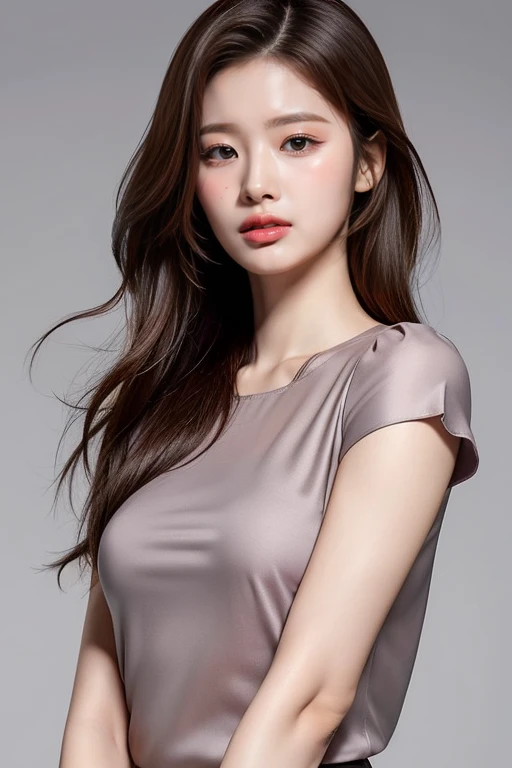 highest quality, masterpiece, Ultra-high resolution, (Realistic:1.4), RAW Photos, 19 years old, Simple gray background, ((Blouse open、Upper Body、Lean forward、Hair disheveled)), Looking at the audience