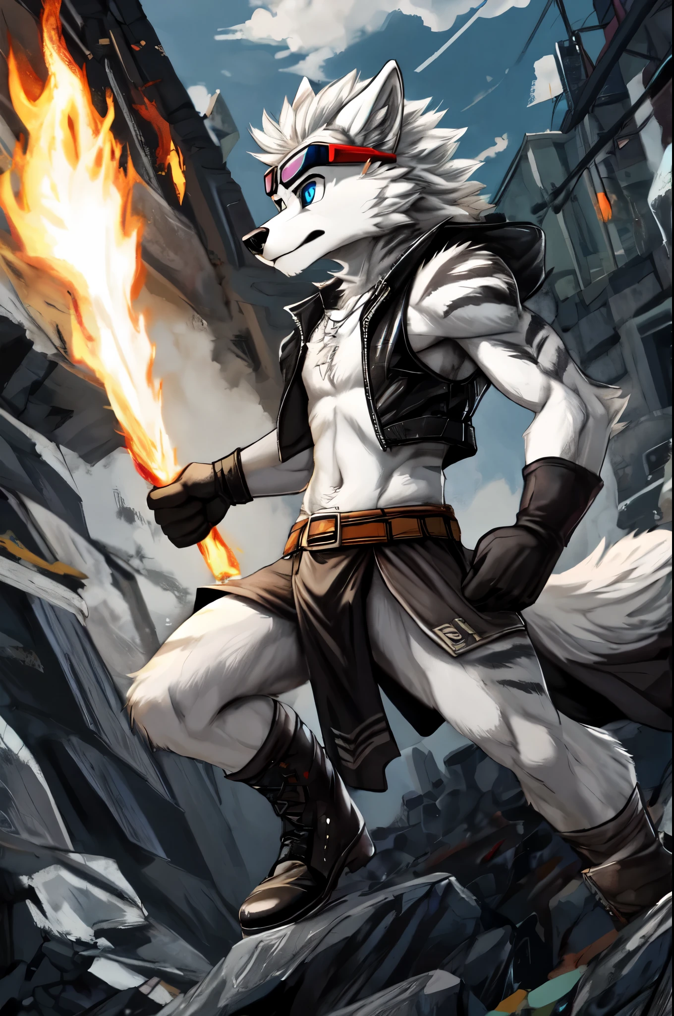 Solo, teen furry, furry, teen, white wolf, wolf, white body, grey stripes, googles, black sleeveless jacket, black loincloth, holy magic, masterpiece, Detailed face, big eyebrows, blue eyes, detailed eyes, No muscles, Detailed hands, Flat body, Skinny, Detailed paws, no shirt, no underwear, black gloves, black boots, art by negy, action pose,