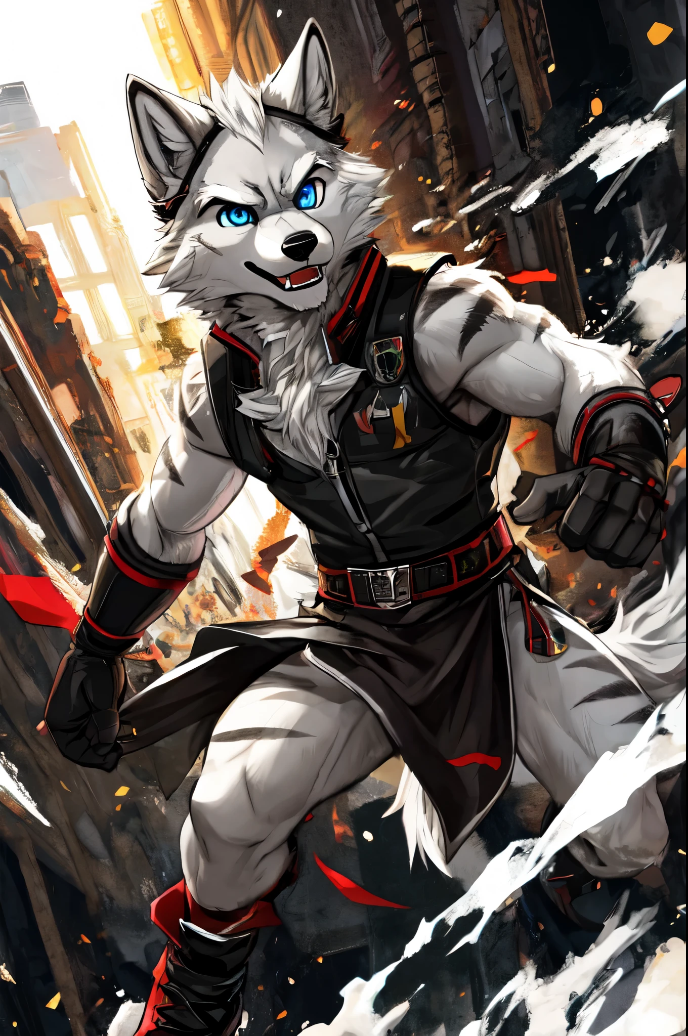 Solo, teen furry, furry, teen, white wolf, wolf, white body, grey stripes, googles, black sleeveless jacket, black loincloth, holy magic, masterpiece, Detailed face, big eyebrows, blue eyes, detailed eyes, No muscles, Detailed hands, Flat body, Skinny, Detailed paws, , , black gloves, black boots, art by negy, action pose,