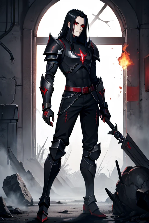 male, robot, fiery red eyes, black metal body, (((1boy))), (((black metal armor))), (dark red torn pants), (grey sash), long legs, holding hammer, in a forge