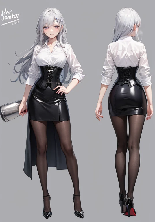 silver hair,Long hair,Adult female,Bartender,((Rolling up your sleeves shirt)),(Corset),(Tight skirt),High heels,((Simple background)),Smile,((Full body)),((whole body)),Character Sheet,