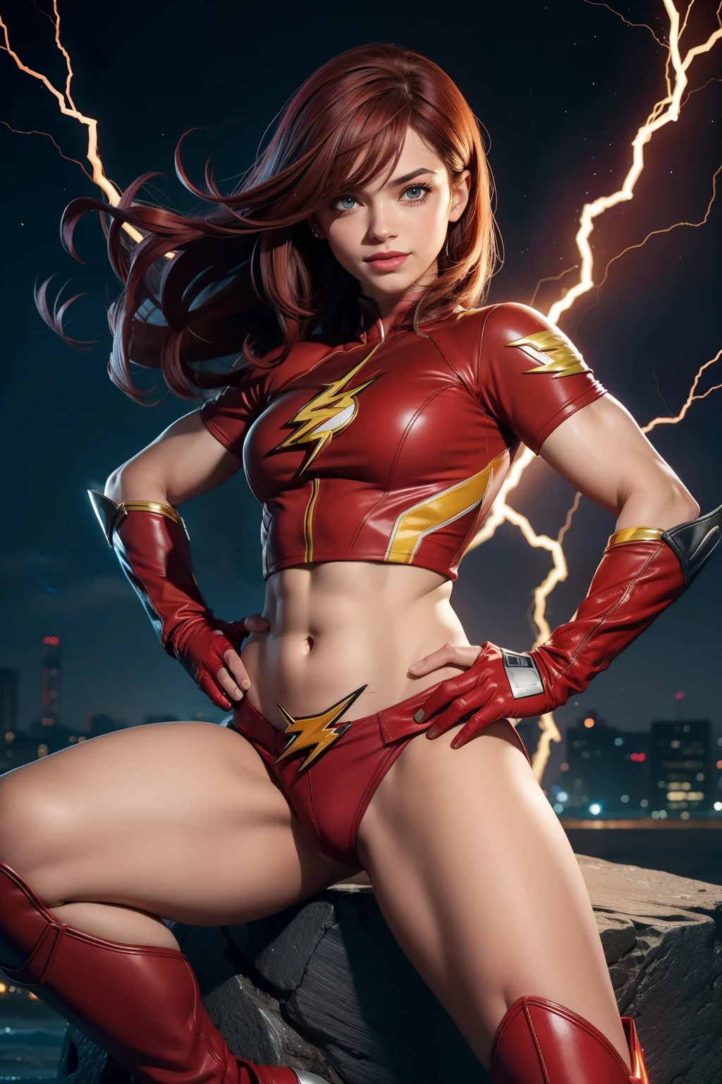 Personagem da DC Comics "O Flash" transformada em mulher :

Flash Feminino, The Flash female version, woman, DC Comics, obra de arte, melhor qualidade, hiperrealista, cabelo loiro, barriga definida, 16k hdr, fotorrealista, Cinematic, Capuz vermelho com raios dourados, build lean muscle, rabo de cavalo loiro longo, Detailed eyes with electric blue irises that flash like lightning, Sitting in a dynamic pose with one leg crossed over the other, hands on hips, smiling with confidence, Revealing a hint of his toned abs and the iconic red and yellow lightning bolt symbol on his thigh, Cativante e cheio de energia, CG unificado