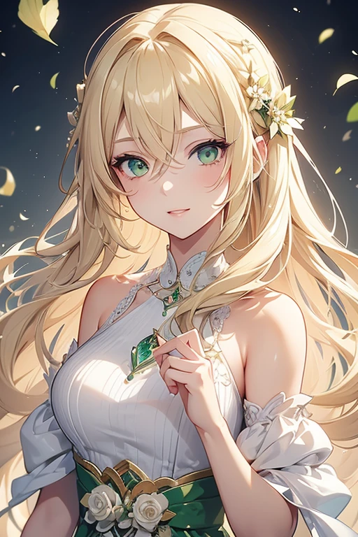 A 22-year-old girl, with wavy blonde hair, light skin and diamond-like green eyes, she has a calm and happy expression, she is an assistant, she wears a dress with neutral colored flowers, she is pretty but looks naive and problematic. Digital illustration with anime character. Digital art.