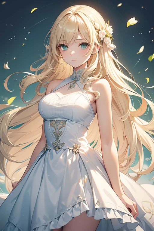 A 22-year-old girl, with wavy blonde hair, light skin and diamond-like green eyes, she has a calm and happy expression, she is an assistant, she wears a dress with neutral colored flowers, she is pretty but looks naive and problematic. Digital illustration with anime character. Digital art.