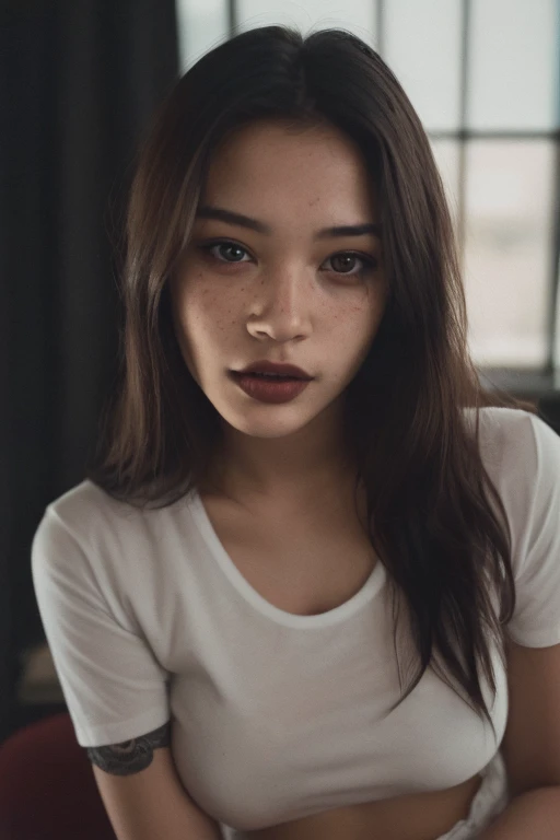 (mid range shot), editorial photograph of a 21 year old woman), (highly detailed face:1.4) (smile:0.7) (background inside dark, moody, private study:1.3) POV, by lee jeffries, nikon d850, film stock photograph ,4 kodak portra 400 ,camera f1.6 lens ,rich colors ,hyper realistic ,lifelike texture, dramatic lighting , cinestill 800, wearing a white tshirt and grey panties, (ahegao)