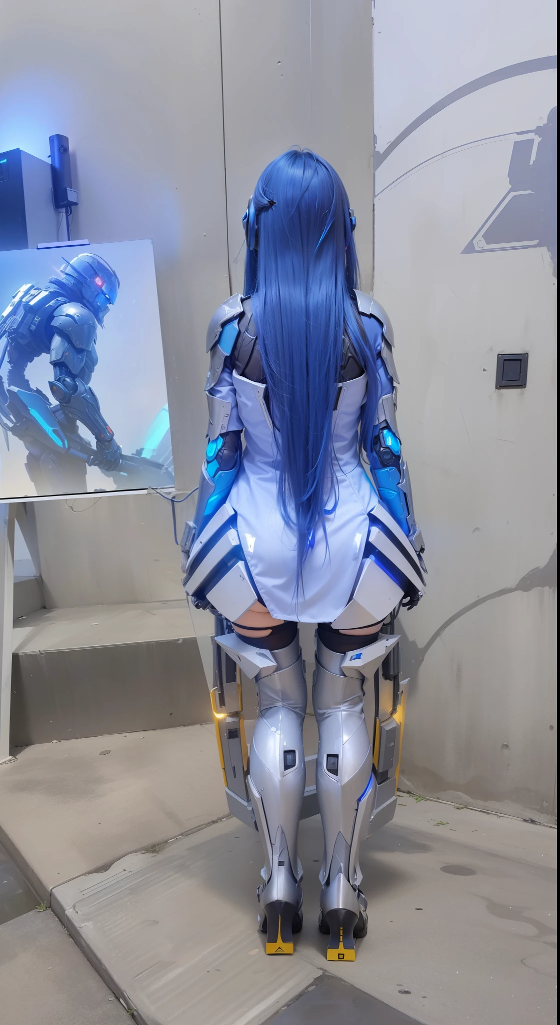Future cyberpunk high-tech style,best quality,Fairy Skin,(every time :1.2),eternal,Ultra Detailed,Practical,high quality,Light,Light线追踪,Ultra HD,upper body, Future Iron Man Mech,shooting,Battery,Transmitter,Large caliber artillery,Rostlan 8K,Mecha Cyber Armored Girl,Wearing a cyberpunk technology helmet,Warframe Helmet,With breathing Light,The armor of the future shines,Armed Cannon,High-tech armor,Turn your back,Back of the body,Blue twin tails,Wear high heel boots,Lift your hips,Lift your butt