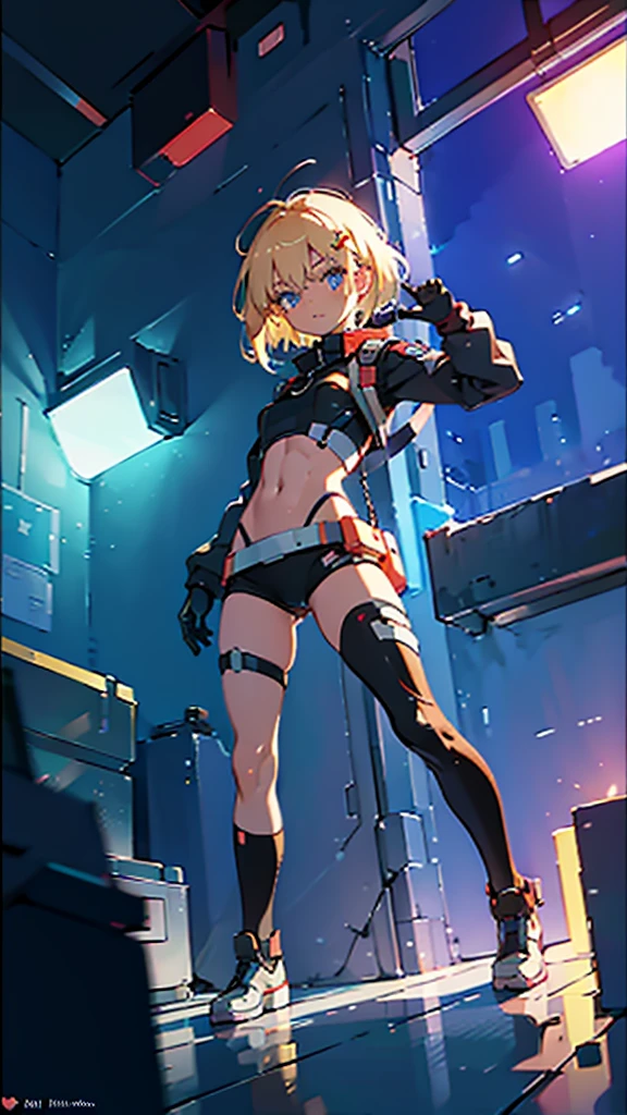 1female\(cute,kawaii,small kid,short hair,hair color neon,hair clip,eye color cosmic,big eyes,pale skin,extremy white skin,glossy body,futuristic costume,(open stomach:1.0),six-pack abs,(cute pose:1.6)\),background\(at noisy city,neon lights,outside,night,skyscraper\), BREAK ,quality\(8k,wallpaper of extremely detailed CG unit, masterpiece,hight resolution,top-quality,top-quality real texture skin,hyper realisitic,increase the resolution,RAW photos,best qualtiy,highly detailed,the wallpaper,cinematic lighting,ray trace,golden ratio\),(dynamic angle:1.5),from below
