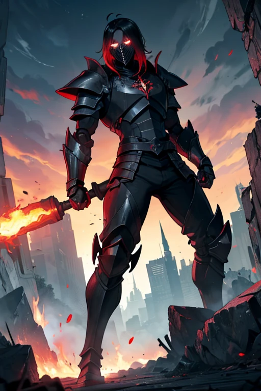 male, robot, fiery red eyes, black metal body, (((1boy))), (((black metal armor))), (dark red torn pants), (grey sash), long legs, holding hammer, in a forge
