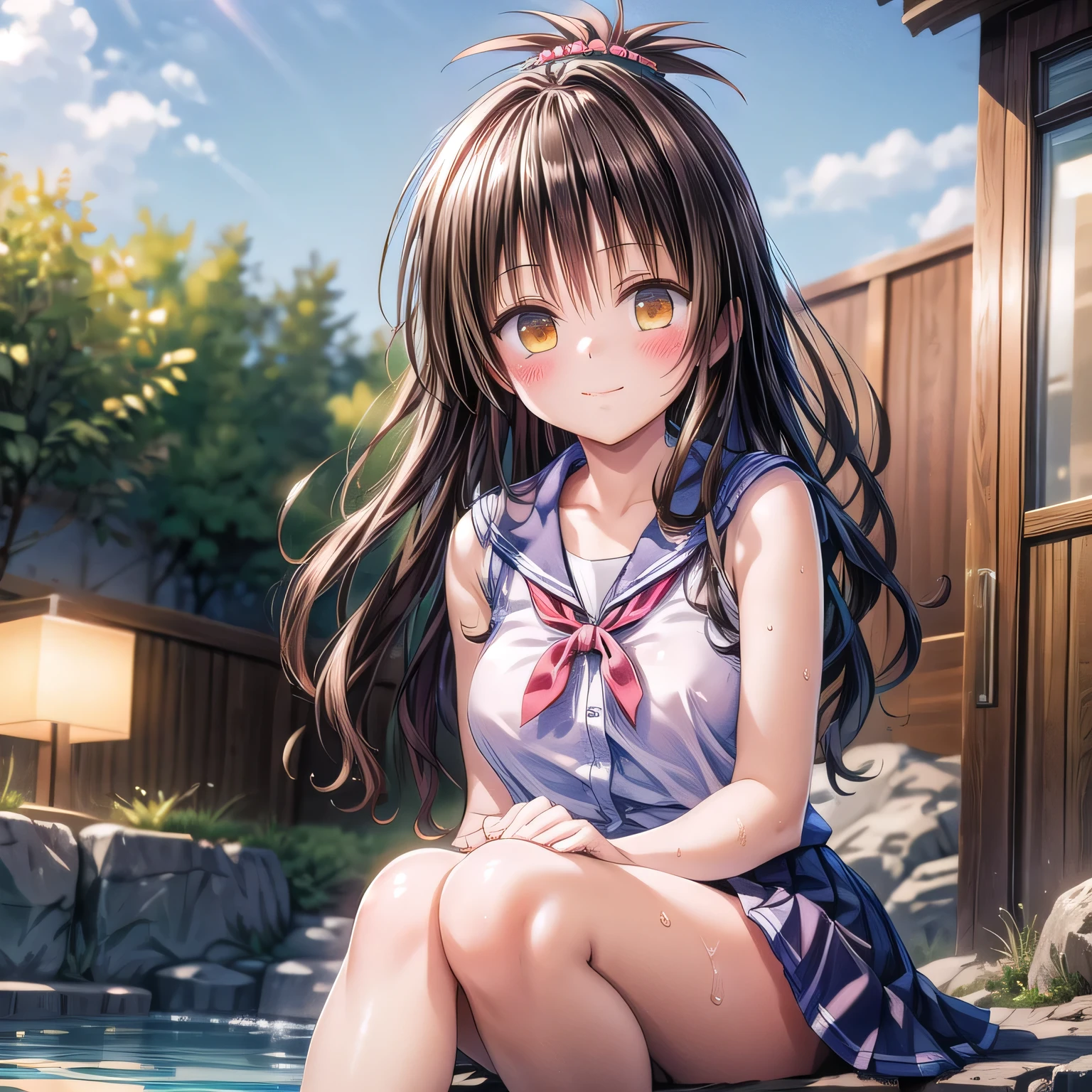 realistically, hair ornament, outdoor, onsen, daytime, lightray, glitter hair, brown eyes, glowing eyes, white short skirt, ultra shot skirt, Blush, daytime, Wet, see through, sleeveless shirt, nipples, pussy, armpit, ************, pussy, tricky smile, (((sit with knees raised))), windy, mikan, (((wind blow skirt up))), masterpiece, highest quality, Highest resolution, highest detailed face, perfect hands, perfect anatomy,