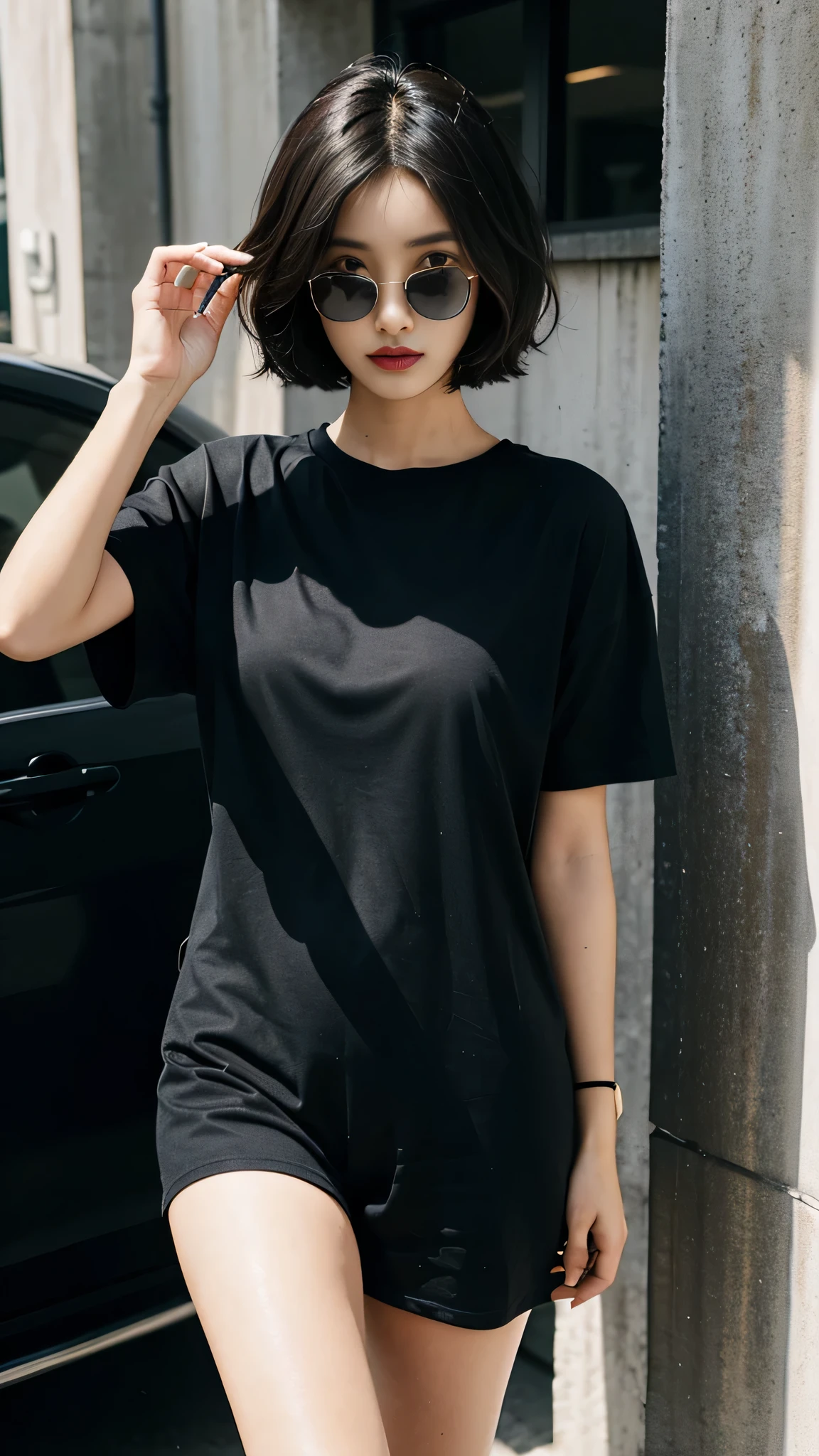 Girl in oversize t-shirt  and short for photo、short hair, black hair、Slim girl model、18-year-old female model、Wearing black sunglasses