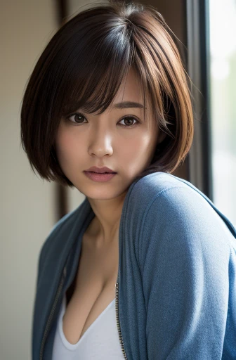 (8k, Realistic:1.4, RAW Photos, Best image quality: 1.4), 40 year old Japanese Female, Cleavage: 1.4, Matching Breasts, Boyish Woman, Sporty Short Haircut, Wearing Casual Off the Shoulder Jacket, Shoulders Out, Dark Room, Sleepy