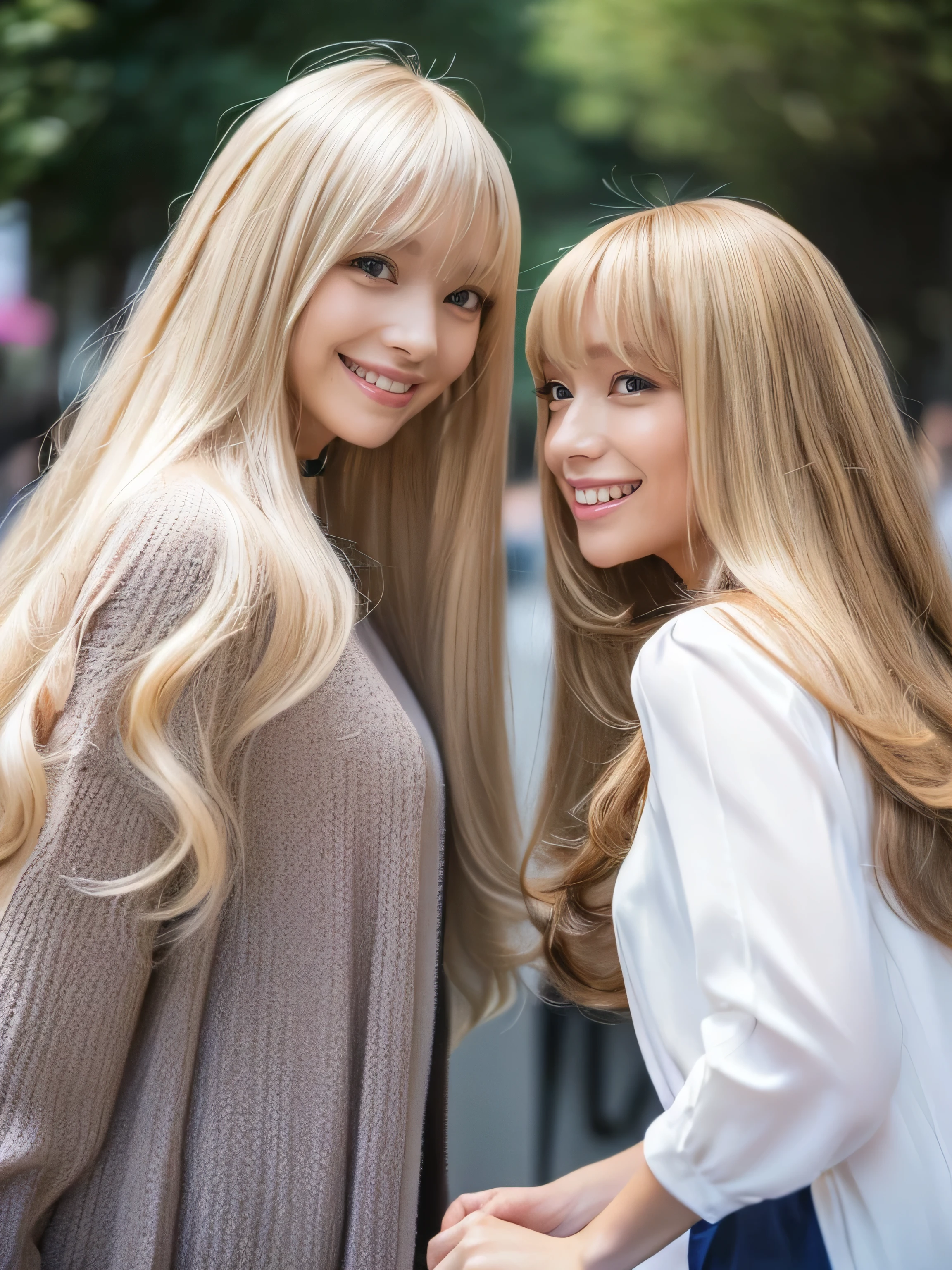 (Above-the-knee shot of two identical twins :1.3) (The two of them are posing together in a fun-looking way.:2.0) (They look happy as they look at each other in a busy street in Japan.) (Their faces are clones Clothes are random Hair color is random) (((Hair color is random:1.5))) ((Beautiful model with long platinum blonde hair, girl with super length Hair, extremely length Hair, extra length Hair, very long, Flowing Hair, very length Hair, length Hair girl, very long, Flowing platinum blonde hair, length Hair windy, very longプラチナブロンドヘア, length, Flowing Hair, length and or curly hair, with length Hair, length Hair!!!! Her highest quality hair is long and 真っ直ぐ or curly hair very long, highest quality platinum blonde, length hair in the center, Highest quality long Straight or curly hair, length, Straight or curly hair, beautiful, High quality platinum blonde hair, length and platinum blonde hair highest quality Straight or curly hair, length Hair, length and Straight or curly hair, highest quality platinum blondeヘア, Perfect silky Straight or curly hair of the highest quality, Straight or curly hair, highest quality platinum blondeヘア, length platinum blonde hair Straight or curly hair, length, Bright platinum blonde hair Her hair is long and Straight or curly hair, very longプラチナブロンドヘア, length hair in the center, length Straight or curly hair, length, Straight or curly hair, beautiful hair of the highest quality, length Hair, length, Straight or curly hairプラチナブロンドヘア , length and free Straight or curly hair Platinum blonde hair, Straight or curly hair Platinum blonde hair)) (Her bangs are perfect.:1.3) (The most beautiful 18-year-old hair model in Japan) ((highest quality)), ((masterpiece)), (Familiar) (Get used to it) Perfect Face (Her skin is a typical French complexion...、And very detailed) (Big Breasts) (She is wearing a light blue skirt and a white blouse.......) (She has a beautiful Japanese face and a typical Japanese figure...., Narrow eyes) (She has perfect beautiful makeup and face Lipstick is light red A solid eyeliner) ((Rich 1.4)) (Extremely detailed 8K) (Ultra-fine skin texture 1.4) (Actual, Vibrant:1.4), double eyelid Sharp focus:1.2、Beautiful woman:1.4 Dynamic Lighting (Genuine RAW photos taken by professional photographers) (Her bangs are perfectly straight.:1.3) Professionally lit from the front (She has a bright and cheerful face)