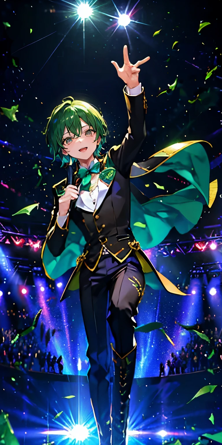 (Mastepiece), (Best Quality), Very detailed, ((1 boy)), Perfect Face, Beautiful Face, Very detailedな顔,((Emerald Hair_short hair_Emerald eyes:1.3)),Full body photography、Male solo idol、Gorgeous idol costumes、Cape、boots、(pants:1.2)、(Hold the microphone)、stage、Concert Dome、Lots of confetti、(smile:1.4)、(Open your mouth wide)、sing、dance、Wink、Laser light、Spotlight