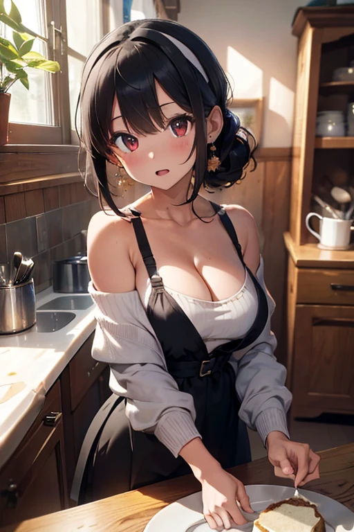 masterpiece, yor, 1girl, Amazing Cleavage:1.3, thin waist, big ass, Raised sexy, medium breast: 1.8 posed cleavage:1.2、solo, looking at viewer, open mouth, have a cup of coffee,black hair, red eyes, dress, bare shoulders, jewelry, collarbone, sidelocks, hairband, earrings, indoors, off shoulder, :o, sweater, arms behind back, plant, short hair with long locks, white hairband, off-shoulder dress, sweater dress, off-shoulder sweater, red sweater, big side hair, very long side hair,is rendered in (masterpiece: 1.2, best quality), with (ultra high resolution) and an exquisite (depth of field). This masterpiece is not only visually stunning but also tells, make of cake cooking ,in the kitchen