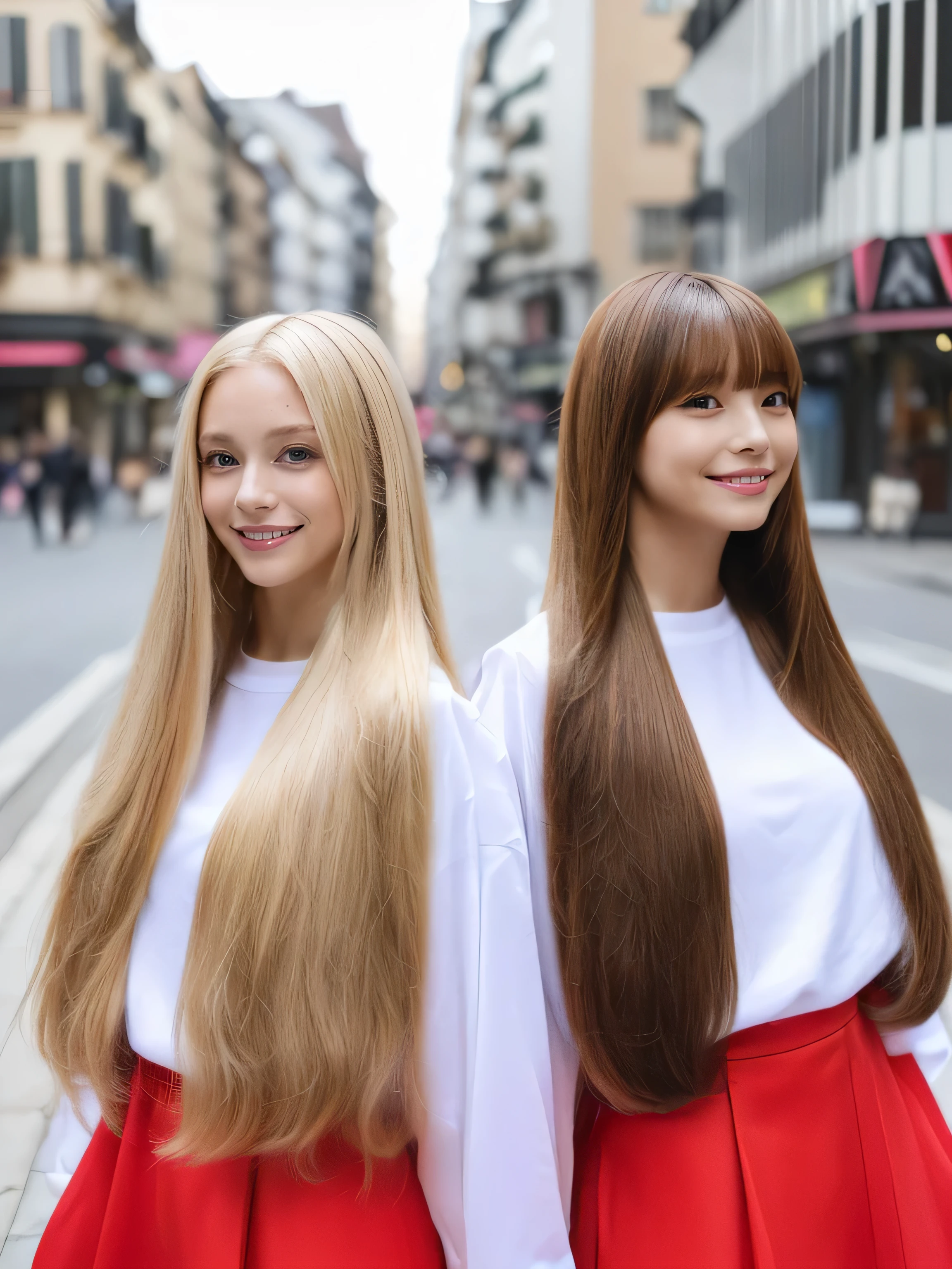 (Above-the-knee shot of two identical twins :1.3) (The two of them are posing together in a fun-looking way.:2.0) (They look happy as they look at her in the center of a busy street in France.) (Their faces are clones Clothes are random Hair color is random) (((Hair color is random:1.5))) ((Beautiful model with long platinum blonde hair, girl with super length Hair, extremely length Hair, extra length Hair, very long, Flowing Hair, very length Hair, length Hair girl, very long, Flowing platinum blonde hair, length Hair windy, very longプラチナブロンドヘア, length, Flowing Hair, length and or curly hair, with length Hair, length Hair!!!! Her highest quality hair is long and 真っ直ぐ or curly hair very long, highest quality platinum blonde, length hair in the center, Highest quality long Straight or curly hair, length, Straight or curly hair, beautiful, High quality platinum blonde hair, length and platinum blonde hair highest quality Straight or curly hair, length Hair, length and Straight or curly hair, highest quality platinum blondeヘア, Perfect silky Straight or curly hair of the highest quality, Straight or curly hair, highest quality platinum blondeヘア, length platinum blonde hair Straight or curly hair, length, Bright platinum blonde hair Her hair is long and Straight or curly hair, very longプラチナブロンドヘア, length hair in the center, length Straight or curly hair, length, Straight or curly hair, beautiful hair of the highest quality, length Hair, length, Straight or curly hairプラチナブロンドヘア , length and free Straight or curly hair Platinum blonde hair, Straight or curly hair Platinum blonde hair)) (Her bangs are perfect.:1.3) (The most beautiful 18-year-old hair model in Japan) ((highest quality)), ((masterpiece)), (Familiar) (Get used to it) Perfect Face (Her skin is a typical French complexion...、And very detailed) (Big Breasts) (She is wearing a light blue skirt and a white blouse.......) (She has a beautiful Japanese face and a typical Japanese figure...., Narrow eyes) (She has perfect beautiful makeup and face Lipstick is light red A solid eyeliner) ((Rich 1.4)) (Extremely detailed 8K) (Ultra-fine skin texture 1.4) (Actual, Vibrant:1.4), double eyelid Sharp focus:1.2、Beautiful woman:1.4 Dynamic Lighting (Genuine RAW photos taken by professional photographers) (Her bangs are perfectly straight.:1.3) Professionally lit from the front (She has a bright and cheerful face)
