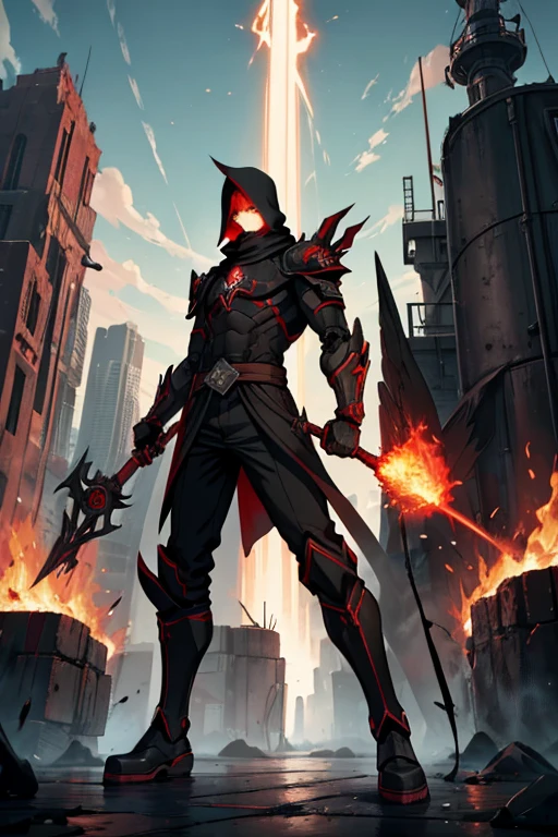 male, robot, fiery red eyes, black metal body, (((1boy))), (((black mantle))), (dark red torn pants), (grey sash), (brown boots), long legs, holding hammer, in a forge