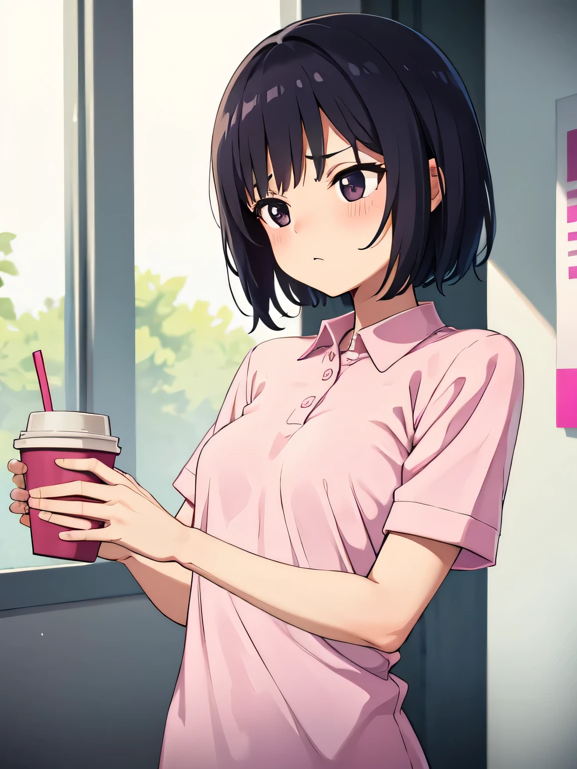 1. Beautiful girl in a magenta polo shirt, short hair, Small breasts, Embarrassing, Beautiful fingers, Shyness, worries, Black Hair, No underwear, Bending over, naked, nude, black eyes, hospital, beautiful, cute, high quality, short sleeves　No bra White paper cup filled with urine