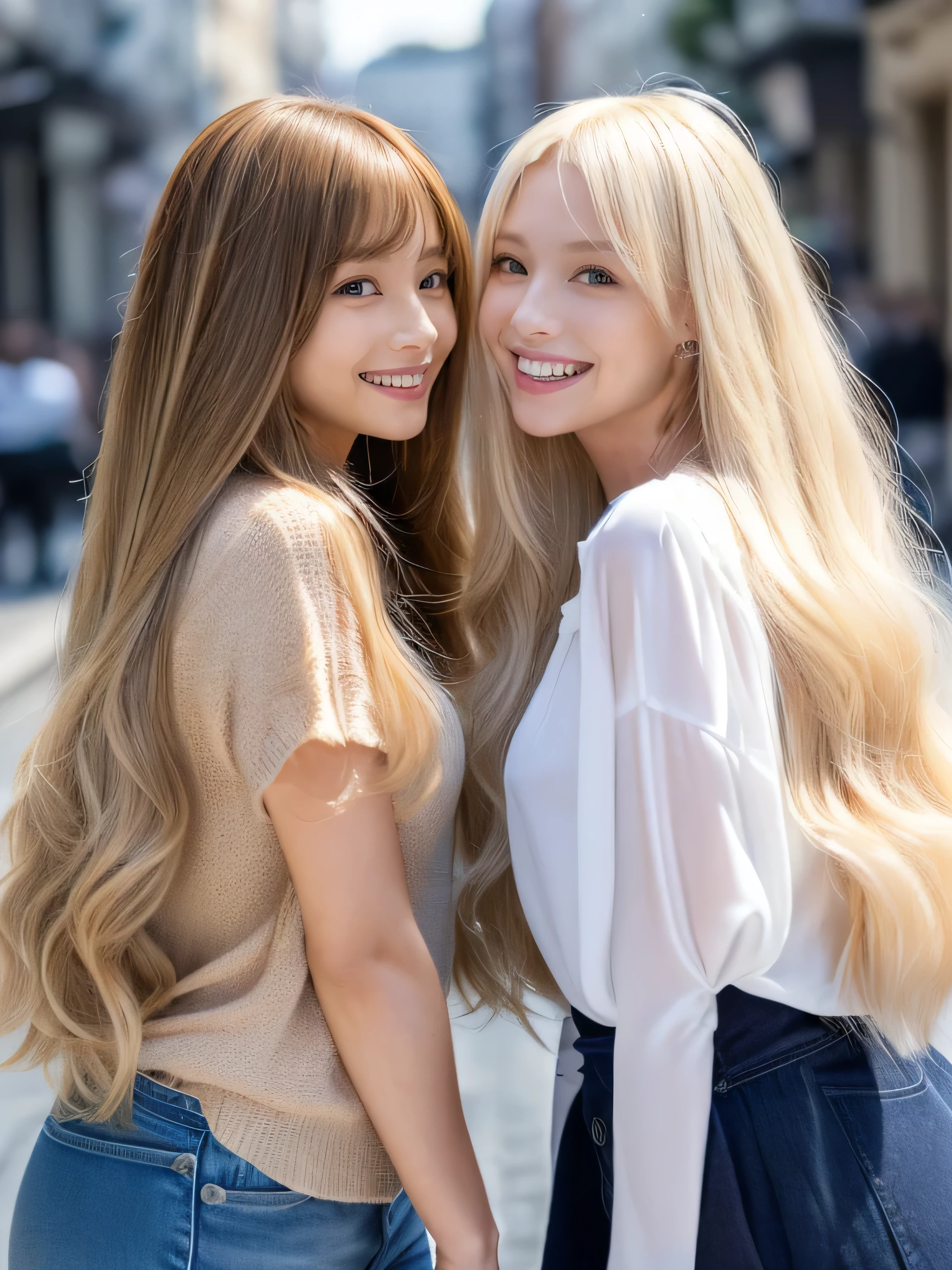 (Above-the-knee shot of two identical twins :1.3)　(The two of them are posing together in a fun-looking way.:2.0)　(They look happy as they look at her in the center of a busy street in France.)　(Their faces are clones　Clothes are random　Hair color is random)　(((Hair color is random:1.5)))　((Beautiful model with long platinum blonde hair, girl with super length Hair, extremely length Hair, extra length Hair, very long, Flowing Hair, very length Hair, length Hair girl, very long, Flowing platinum blonde hair, length Hair windy, very longプラチナブロンドヘア, length, Flowing Hair, length and or curly hair, with length Hair, length Hair!!!!　Her highest quality hair is long and 真っ直ぐ or curly hair very long, highest quality platinum blonde, length hair in the center, Highest quality long Straight or curly hair, length, Straight or curly hair, beautiful, High quality platinum blonde hair, length and platinum blonde hair highest quality Straight or curly hair, length Hair, length and Straight or curly hair, highest quality platinum blondeヘア, Perfect silky Straight or curly hair of the highest quality, Straight or curly hair, highest quality platinum blondeヘア, length platinum blonde hair　Straight or curly hair, length, Bright platinum blonde hair　Her hair is long and Straight or curly hair, very longプラチナブロンドヘア, length hair in the center, length Straight or curly hair, length, Straight or curly hair, beautiful hair of the highest quality, length Hair, length, Straight or curly hairプラチナブロンドヘア , length and free Straight or curly hair Platinum blonde hair, Straight or curly hair Platinum blonde hair))　(Her bangs are perfect.:1.3)　(The most beautiful 18-year-old hair model in Japan)　　((highest quality)), ((masterpiece)), (Familiar)　(Get used to it)　Perfect Face　(Her skin is a typical French complexion...、And very detailed)　　(Big Breasts)　(She is wearing a light blue skirt and a white blouse.......)　(She has a beautiful Japanese face and a typical Japanese figure...., Narrow eyes)　(She has perfect beautiful makeup and face　Lipstick is light red　A solid eyeliner)　((Rich 1.4))　(Extremely detailed 8K)　(Ultra-fine skin texture 1.4)　(Actual, Vibrant:1.4), double eyelid　Sharp focus:1.2、Beautiful woman:1.4　Dynamic Lighting　(Genuine RAW photos taken by professional photographers)　(Her bangs are perfectly straight.:1.3)　Professionally lit from the front　(She has a bright and cheerful face)