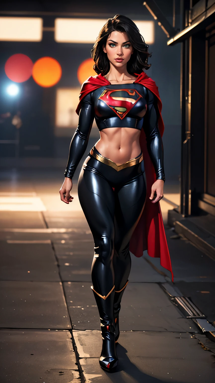 (best quality,4k,8k,highres,masterpiece:1.2),ultra-detailed,(realistic,photorealistic,photo-realistic:1.37), vivid colors, bokeh, HDR, studio lighting, extreme detail description, physically-based rendering, ultra-fine painting, sharp focus, professional, portraits, sexy supergirl, beautiful detailed eyes, beautiful detailed lips, green eyes, short black hair, black and silver outfit, red cape with a midriff, full body, UHD 8K