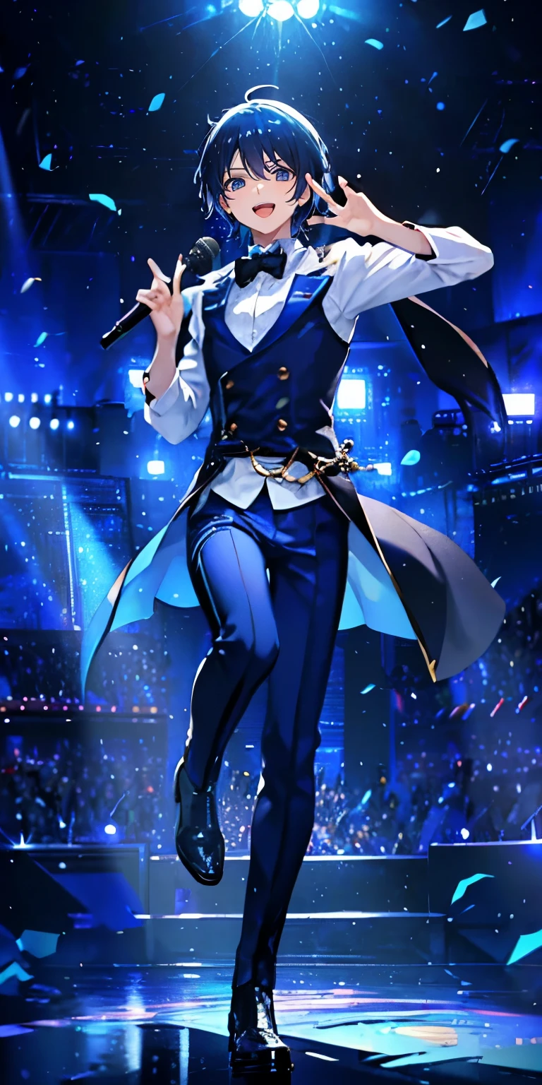 (Mastepiece), (Best Quality), Very detailed, ((1 boy)), Perfect Face, Beautiful Face, Very detailedな顔,((Light blue hair_short hair_Blue eyes:1.3)),Full body photography、Male solo idol、Gorgeous idol costumes、Cape、boots、(pants:1.2)、(Hold the microphone)、stage、Concert Dome、Lots of confetti、(smile:1.4)、(Open your mouth wide)、sing、dance、Wink、Laser light、Spotlight