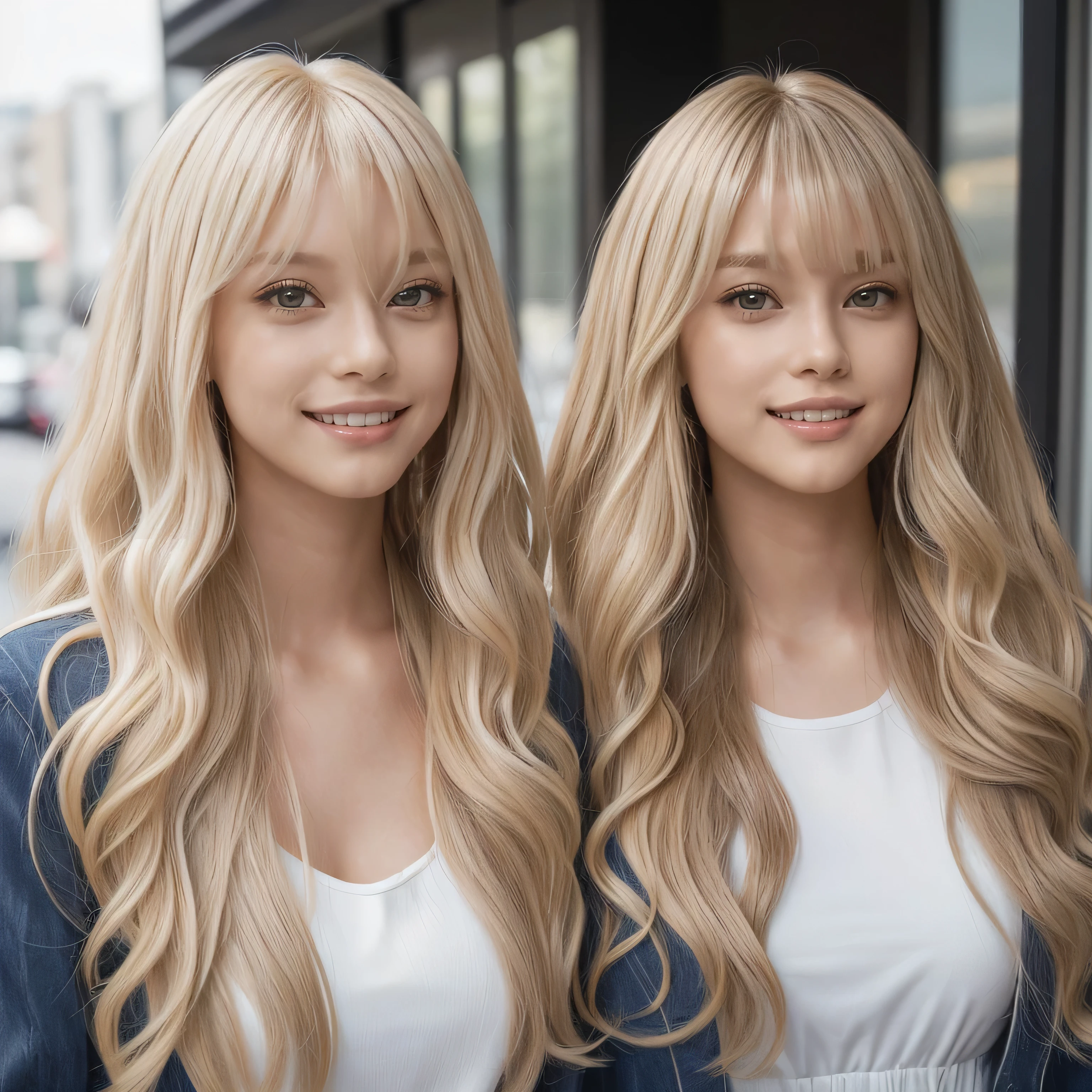 (Above-the-knee shot of two identical twins :1.3)　(The two of them are posing together in a fun-looking way.:2.0)　(They look happy as they look at her in the center of a busy street in France.)　(Their faces are clones　Clothes are random　Hair color is random)　(((Hair color is random)))　((Beautiful model with long platinum blonde hair, girl with super length Hair, extremely length Hair, extra length Hair, very long, Flowing Hair, very length Hair, length Hair girl, very long, Flowing platinum blonde hair, length Hair windy, very longプラチナブロンドヘア, length, Flowing Hair, length and or curly hair, with length Hair, length Hair!!!!　Her highest quality hair is long and 真っ直ぐ or curly hair very long, highest quality platinum blonde, length hair in the center, Highest quality long Straight or curly hair, length, Straight or curly hair, beautiful, High quality platinum blonde hair, length and platinum blonde hair highest quality Straight or curly hair, length Hair, length and Straight or curly hair, highest quality platinum blondeヘア, Perfect silky Straight or curly hair of the highest quality, Straight or curly hair, highest quality platinum blondeヘア, length platinum blonde hair　Straight or curly hair, length, Bright platinum blonde hair　Her hair is long and Straight or curly hair, very longプラチナブロンドヘア, length hair in the center, length Straight or curly hair, length, Straight or curly hair, beautiful hair of the highest quality, length Hair, length, Straight or curly hairプラチナブロンドヘア , length and free Straight or curly hair Platinum blonde hair, Straight or curly hair Platinum blonde hair))　(Her bangs are perfect.:1.3)　(France&#39;s most beautiful 24-year-old hair model)　　((highest quality)), ((masterpiece)), (Familiar)　(Get used to it)　Perfect Face　(Her skin is a typical French complexion...、And very detailed)　　(Big Breasts)　(She is wearing a light blue skirt and a white blouse.......)　(She has a beautiful French face and a typical French figure...., Narrow eyes)　(She has perfect beautiful makeup and face　Lipstick is light red　A solid eyeliner)　((Rich 1.4))　(Extremely detailed 8K)　(Ultra-fine skin texture 1.4)　(Actual, Vibrant:1.4), double eyelid　Sharp focus:1.2、Beautiful woman:1.4　Dynamic Lighting　(Genuine RAW photos taken by professional photographers)　(Her long bangs、Well Organized)　Professionally lit from the front　(She has a bright and cheerful face)