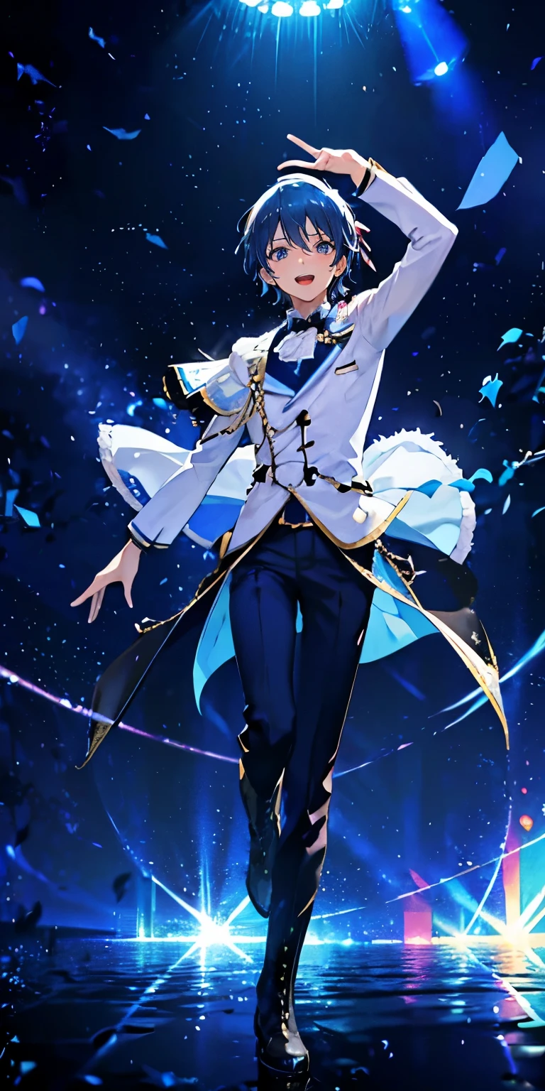 (Mastepiece), (Best Quality), Very detailed, ((1 boy)), Perfect Face, Beautiful Face, Very detailedな顔，((Light blue hair_short hair_Blue eyes:1.3))，Full body photography、Male solo idol、Gorgeous idol costumes、Cape、boots、(pants:1.2)、(Hold the microphone)、stage、Concert Dome、Lots of confetti、(smile:1.4)、(Open your mouth wide)、sing、dance、Wink、Laser light、Spotlight