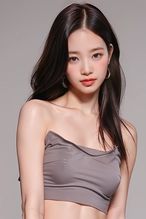 highest quality, masterpiece, Ultra-high resolution, (Realistic:1.4), RAW Photos, 19 years old, Simple gray background, ((Tight tube top、Upper Body、Lean forward、Hair disheveled)), Looking at the audience